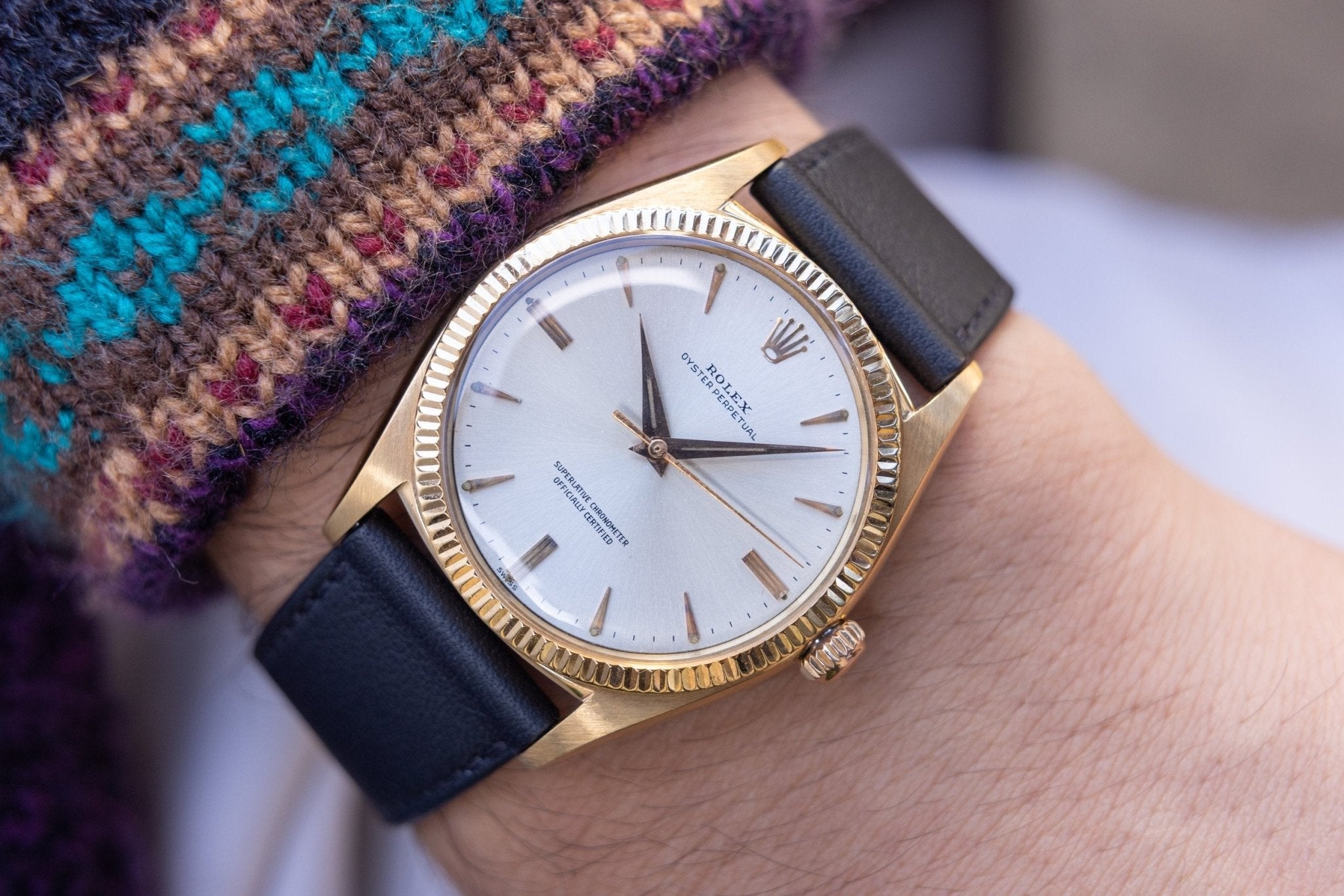 1958 Rolex Oyster Perpetual Ref. 1013 | 18K Yellow Gold | Dauphine Hands | Silver Dial - Sierra Time Co