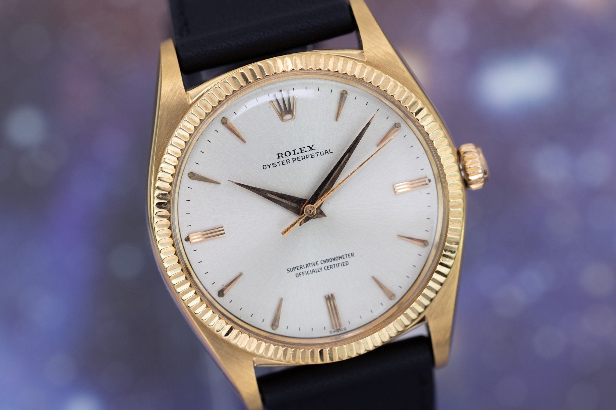 1958 Rolex Oyster Perpetual Ref. 1013 | 18K Yellow Gold | Dauphine Hands | Silver Dial - Sierra Time Co