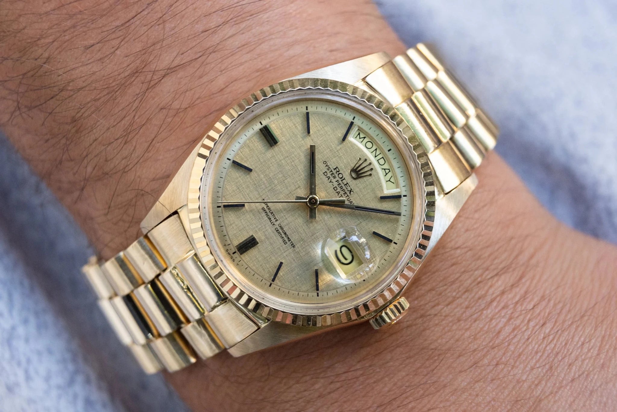 1971 Rolex Day-Date Ref. 1803 | Linen DIal | Onyx Markers - Sierra Time Co