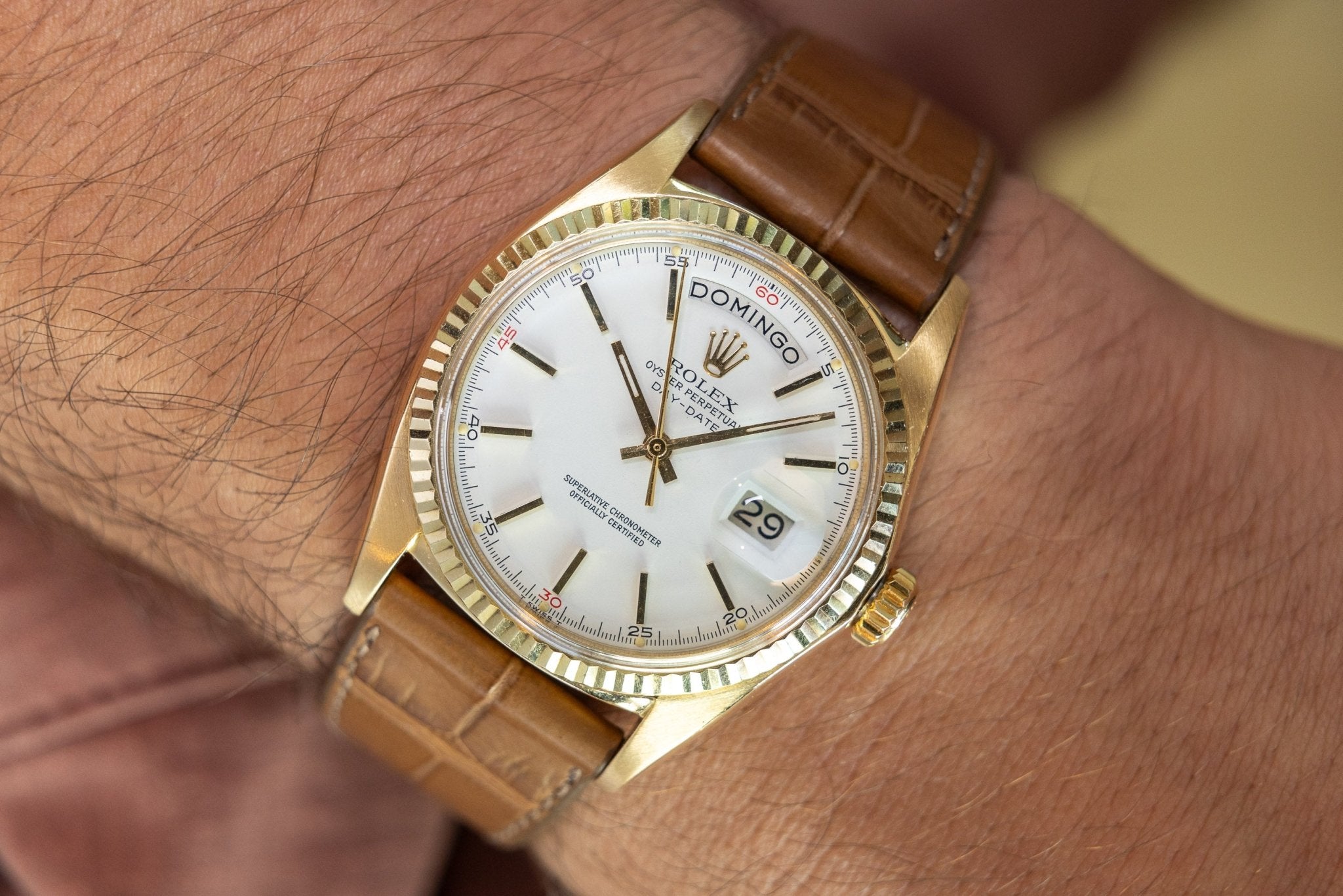 1972 Rolex Day-Date Ref. 1803 | 18K Yellow Gold | White Red Quarter Dial | Serviced - Sierra Time Co