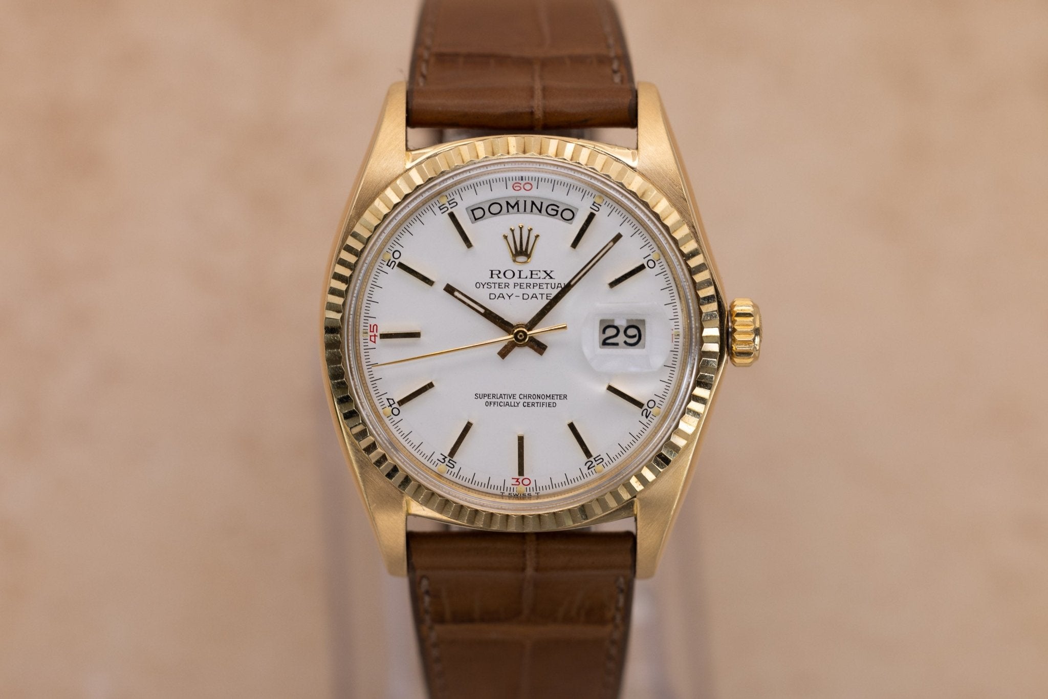1972 Rolex Day-Date Ref. 1803 | 18K Yellow Gold | White Red Quarter Dial | Serviced - Sierra Time Co