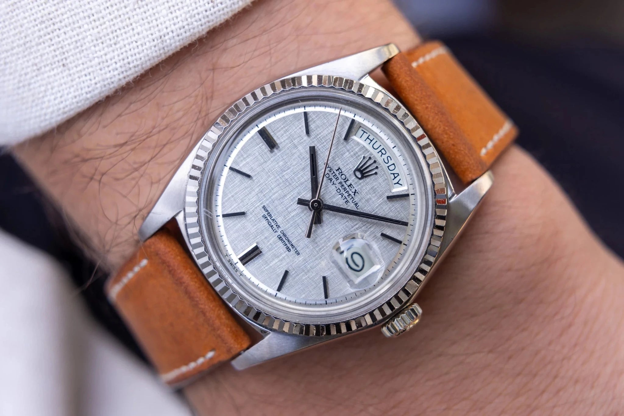1972 Rolex Day-Date Ref. 1803/9 | 18K White Gold | Silver Linen Dial - Sierra Time Co