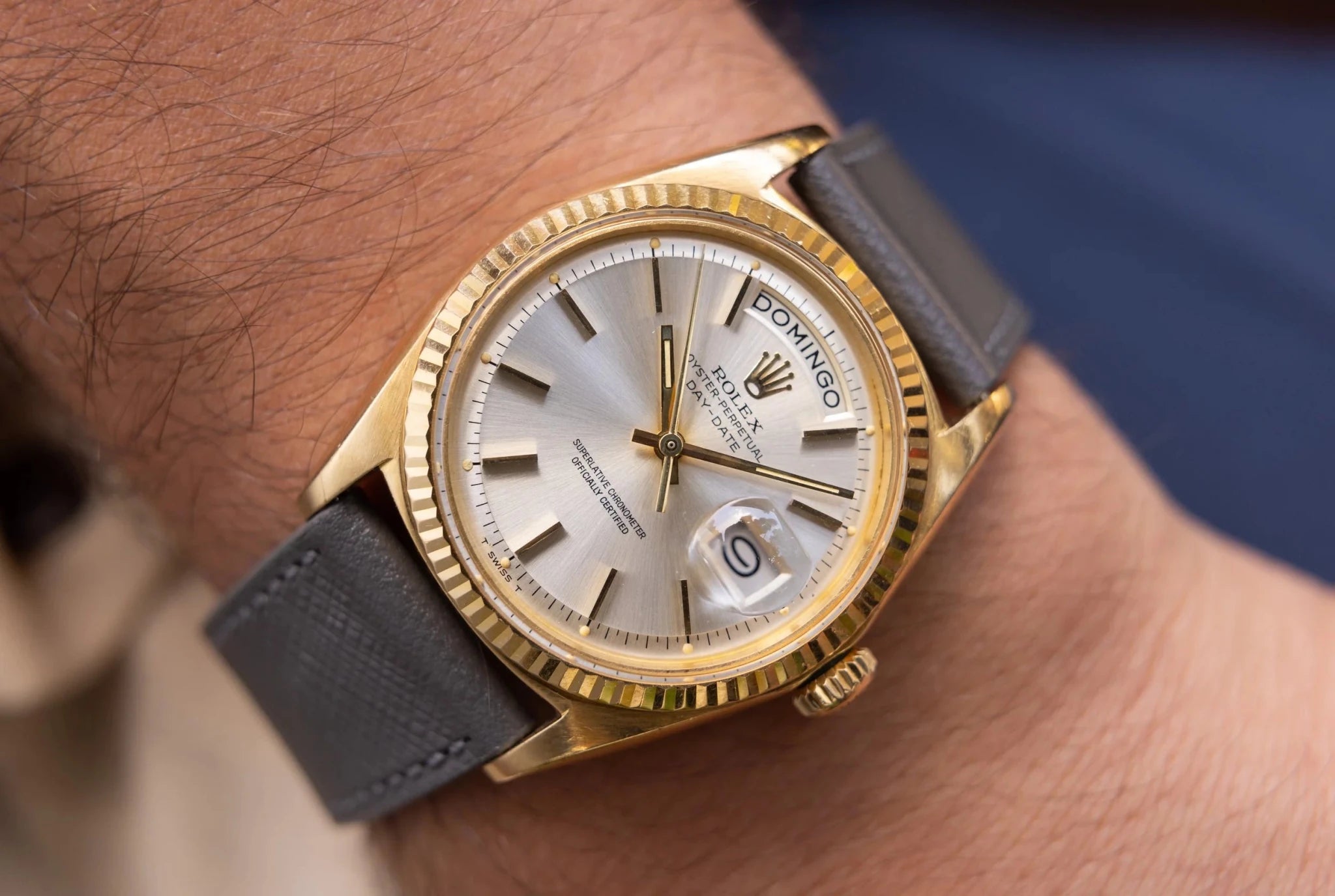 1973 Rolex Day-Date Ref. 1803 | Silver Sunburst Dial | Spanish Day Wheel - Sierra Time Co