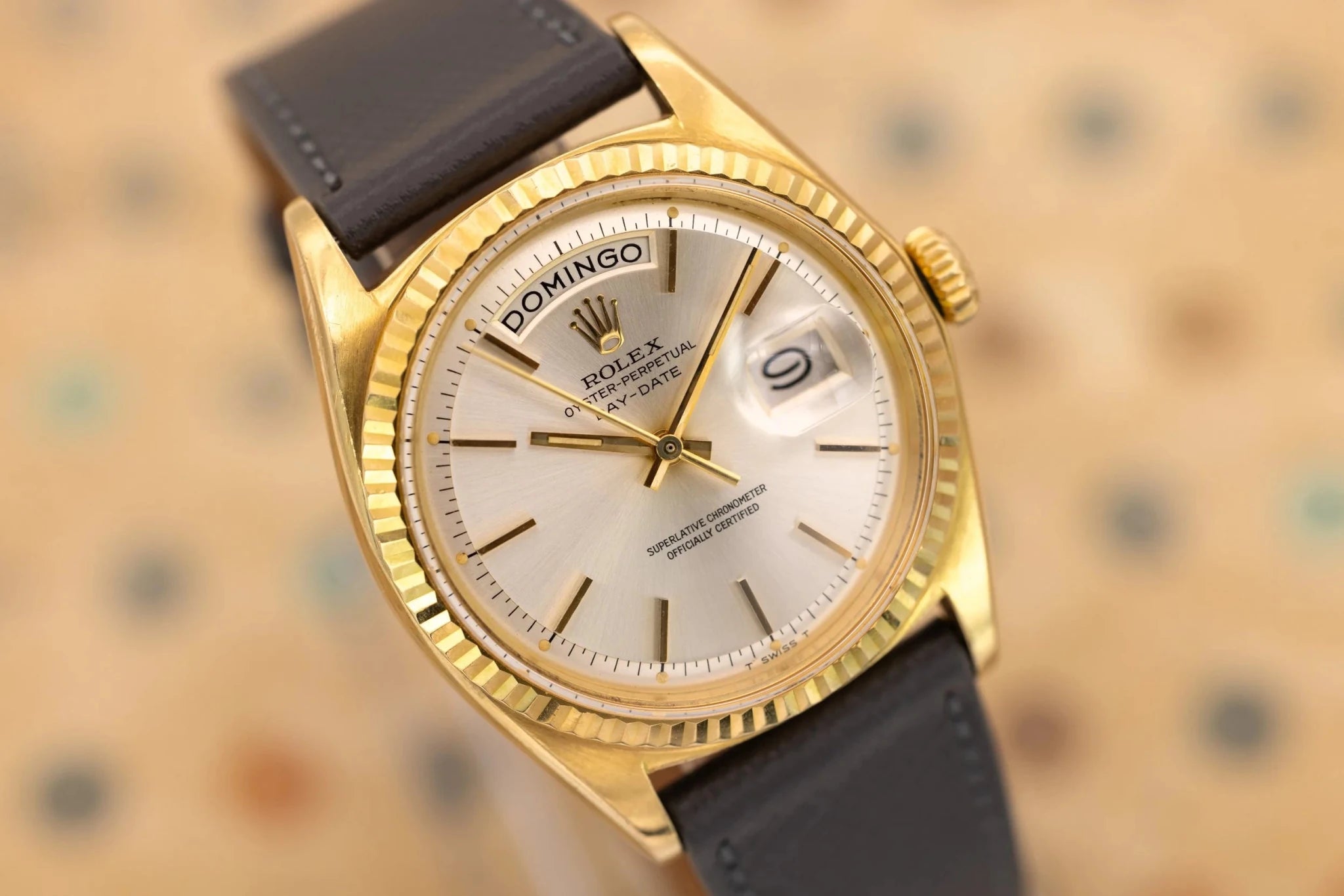 1973 Rolex Day-Date Ref. 1803 | Silver Sunburst Dial | Spanish Day Wheel - Sierra Time Co
