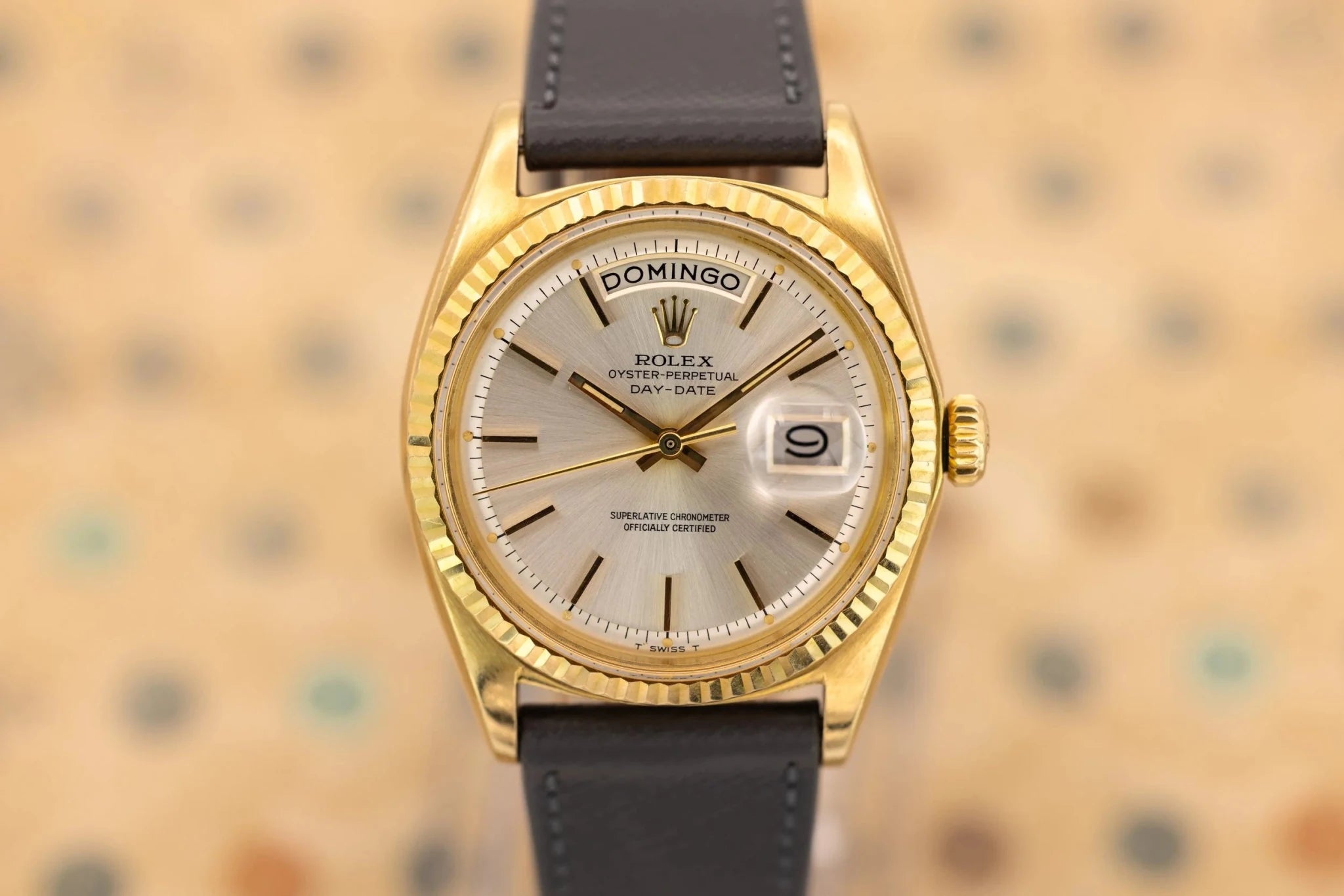 1973 Rolex Day-Date Ref. 1803 | Silver Sunburst Dial | Spanish Day Wheel - Sierra Time Co