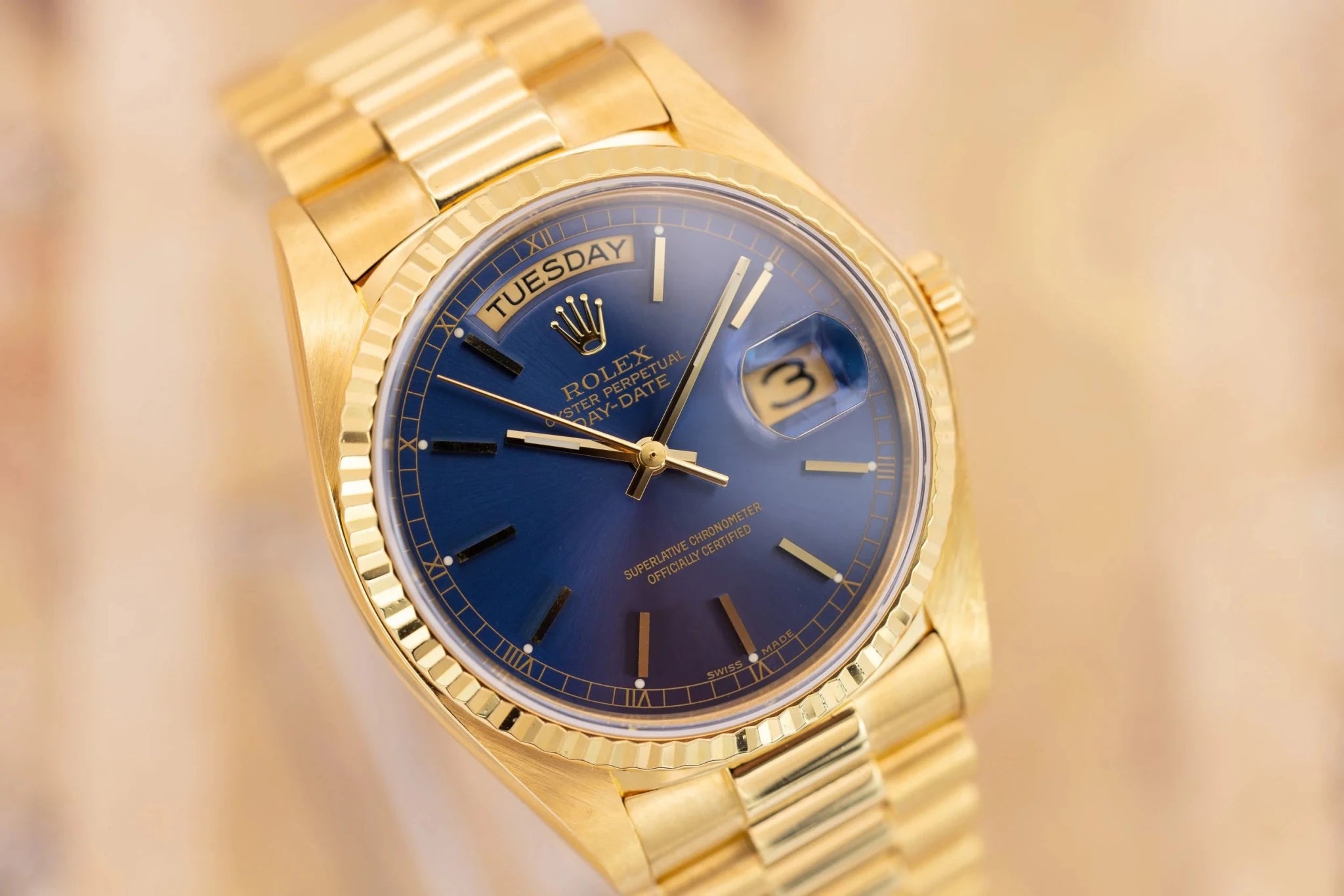 1980 Rolex Day-Date Ref. 18038 | 18K Yellow Gold | Blue Sunburst Dial - Sierra Time Co