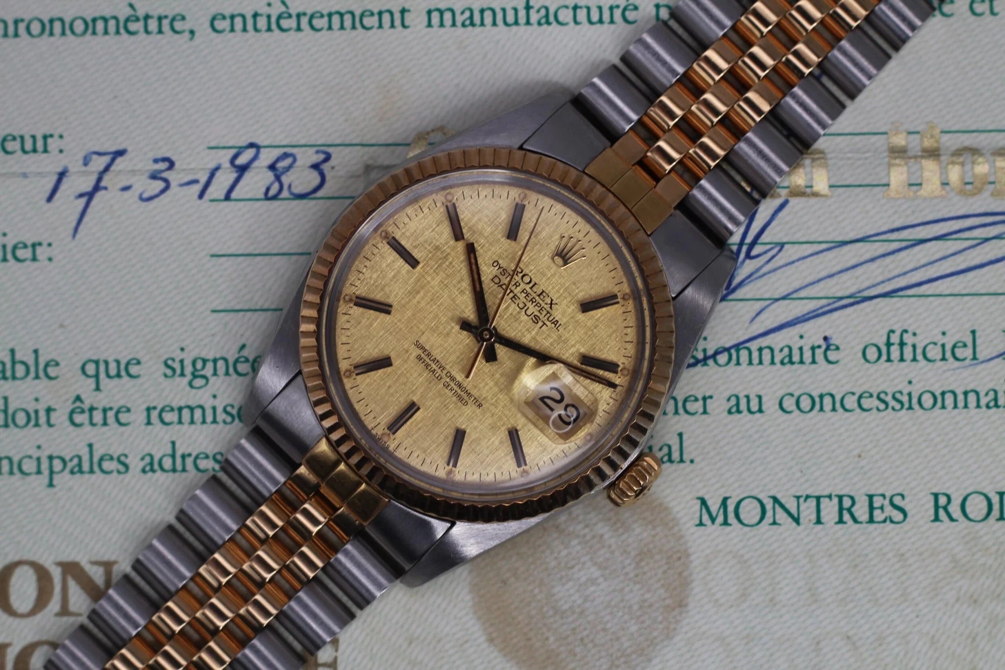 1982 Rolex Datejust Ref. 16013 Linen Dial | Box and Papers - Sierra Time Co