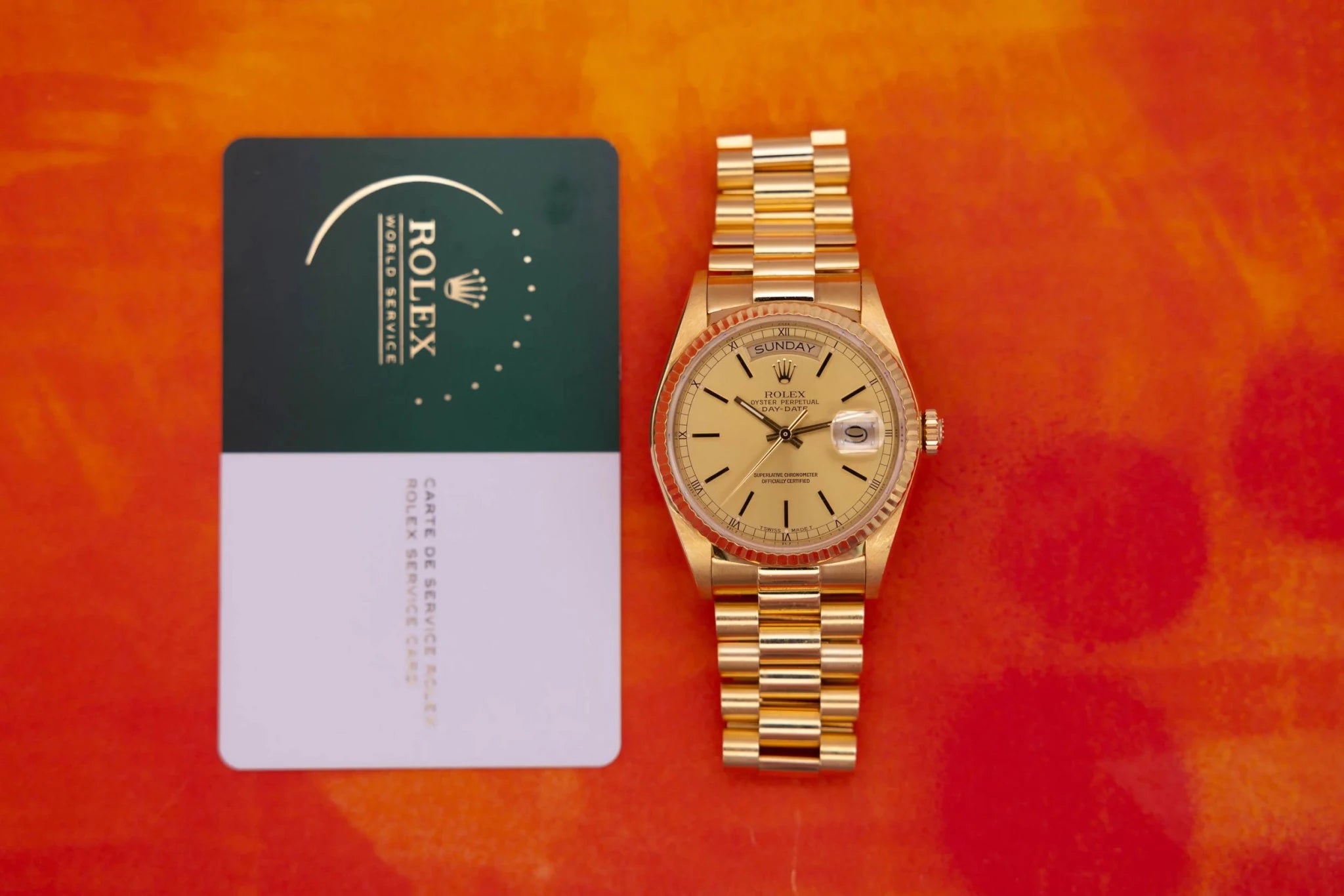 1984 Rolex Day-Date Ref. 18038 | 18K YG | Champagne Dial | RSC Service Card - Sierra Time Co