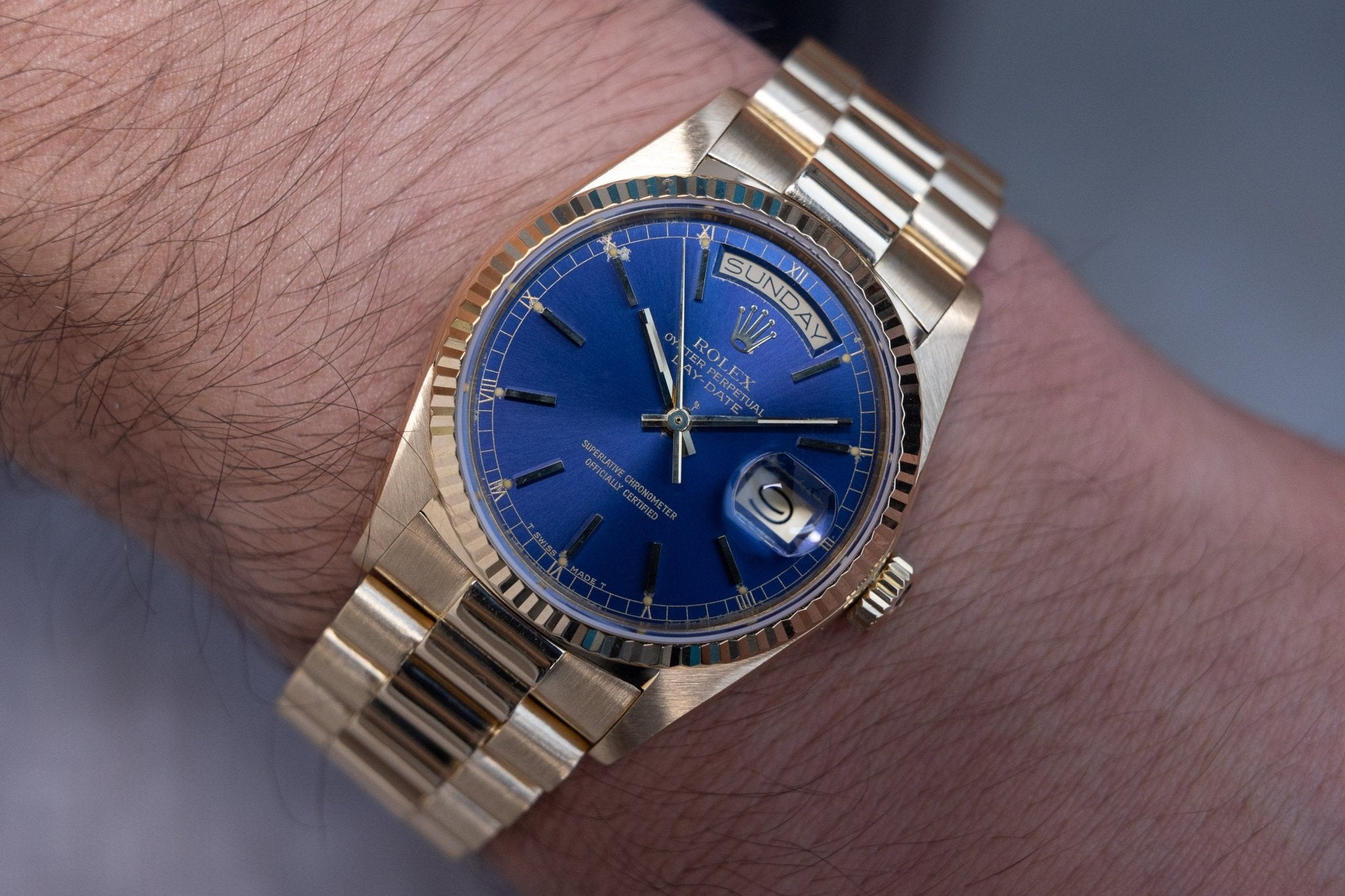 1985 Rolex Day-Date Ref. 18038 | 18K Yellow Gold | Dark Blue Dial - Sierra Time Co