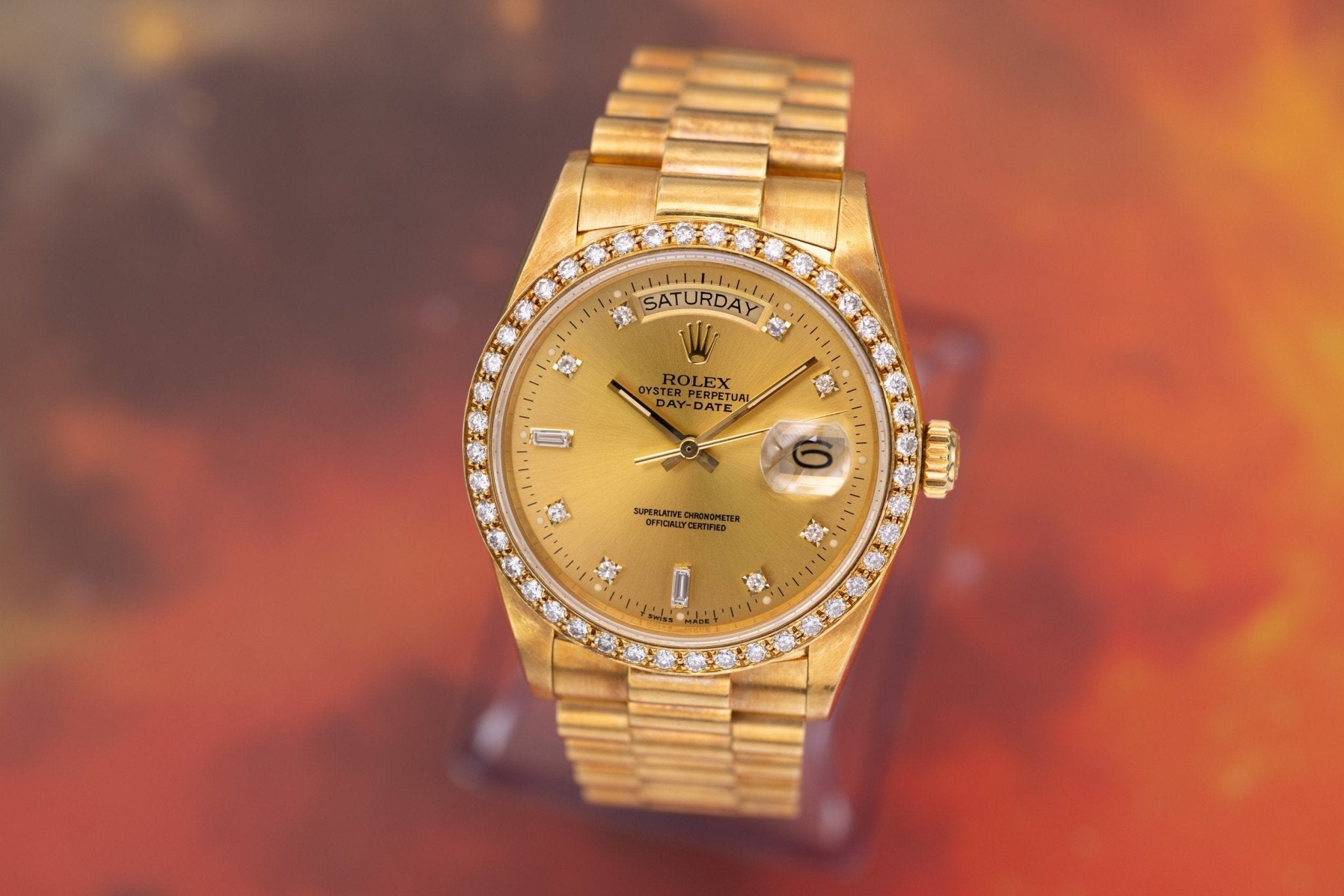 1986 Rolex Day-Date Ref. 18048A | Champagne Dial | Diamond Dial and Bezel - Sierra Time Co