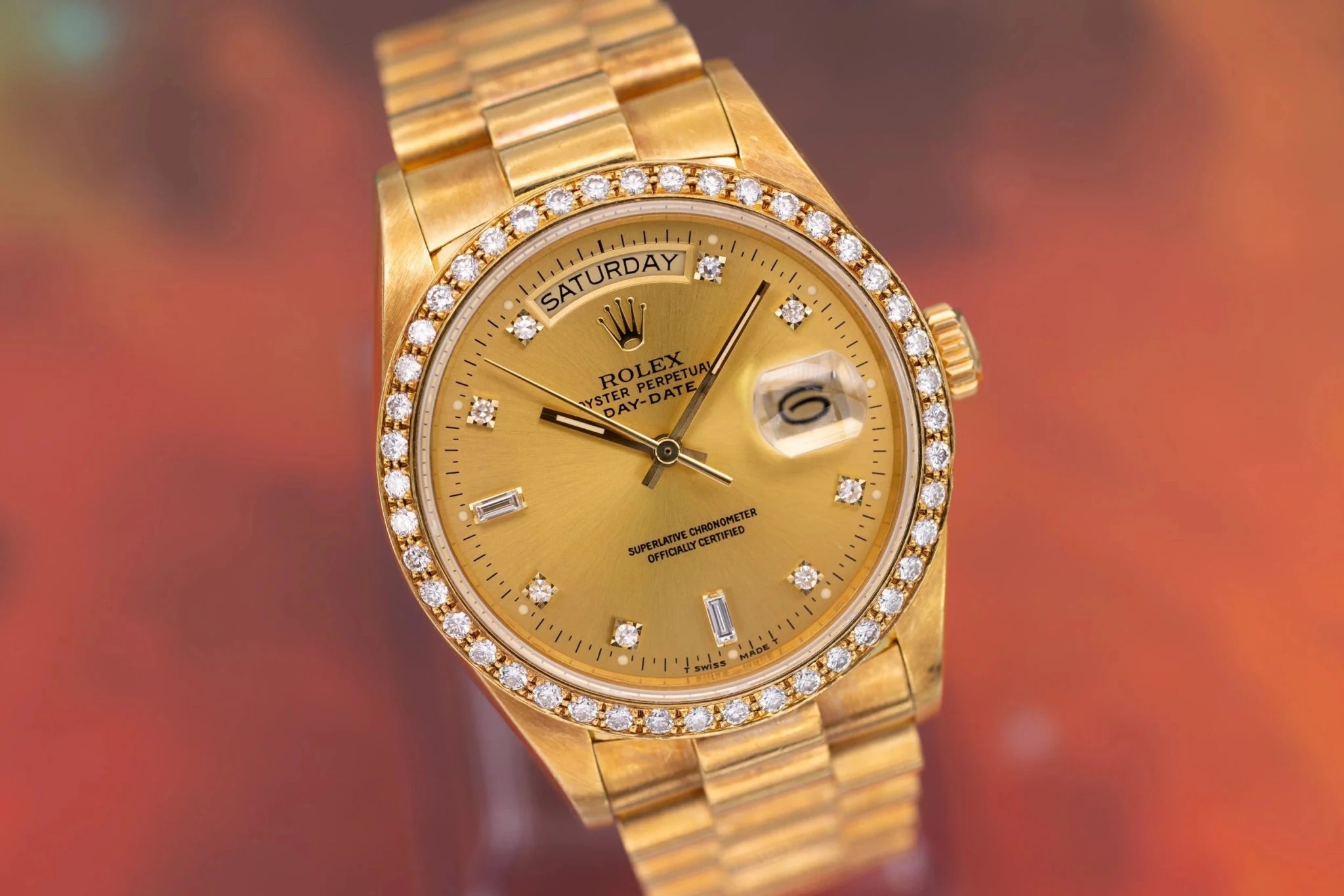 1986 Rolex Day-Date Ref. 18048A | Champagne Dial | Diamond Dial and Bezel - Sierra Time Co