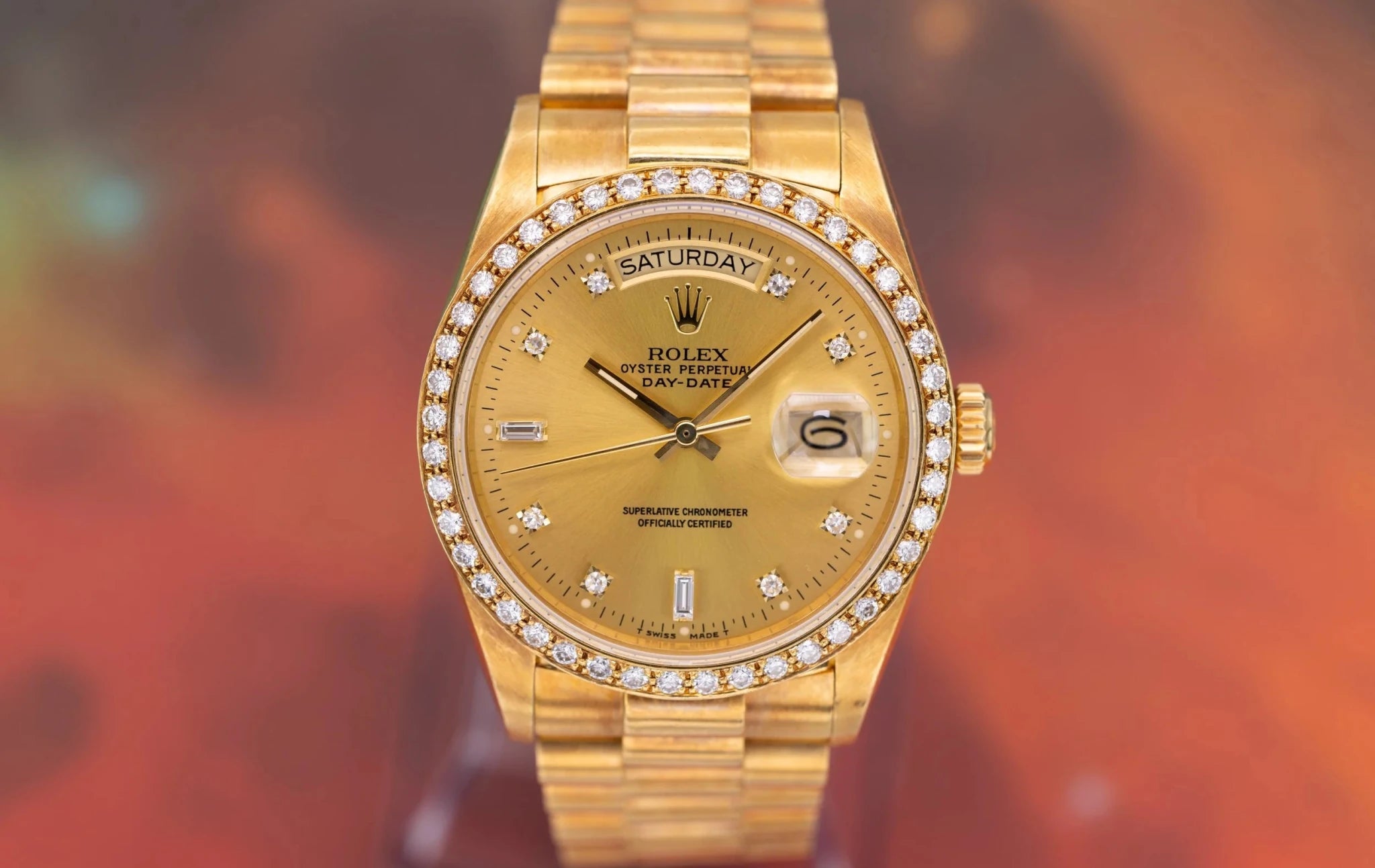 1986 Rolex Day-Date Ref. 18048A | Champagne Dial | Diamond Dial and Bezel - Sierra Time Co