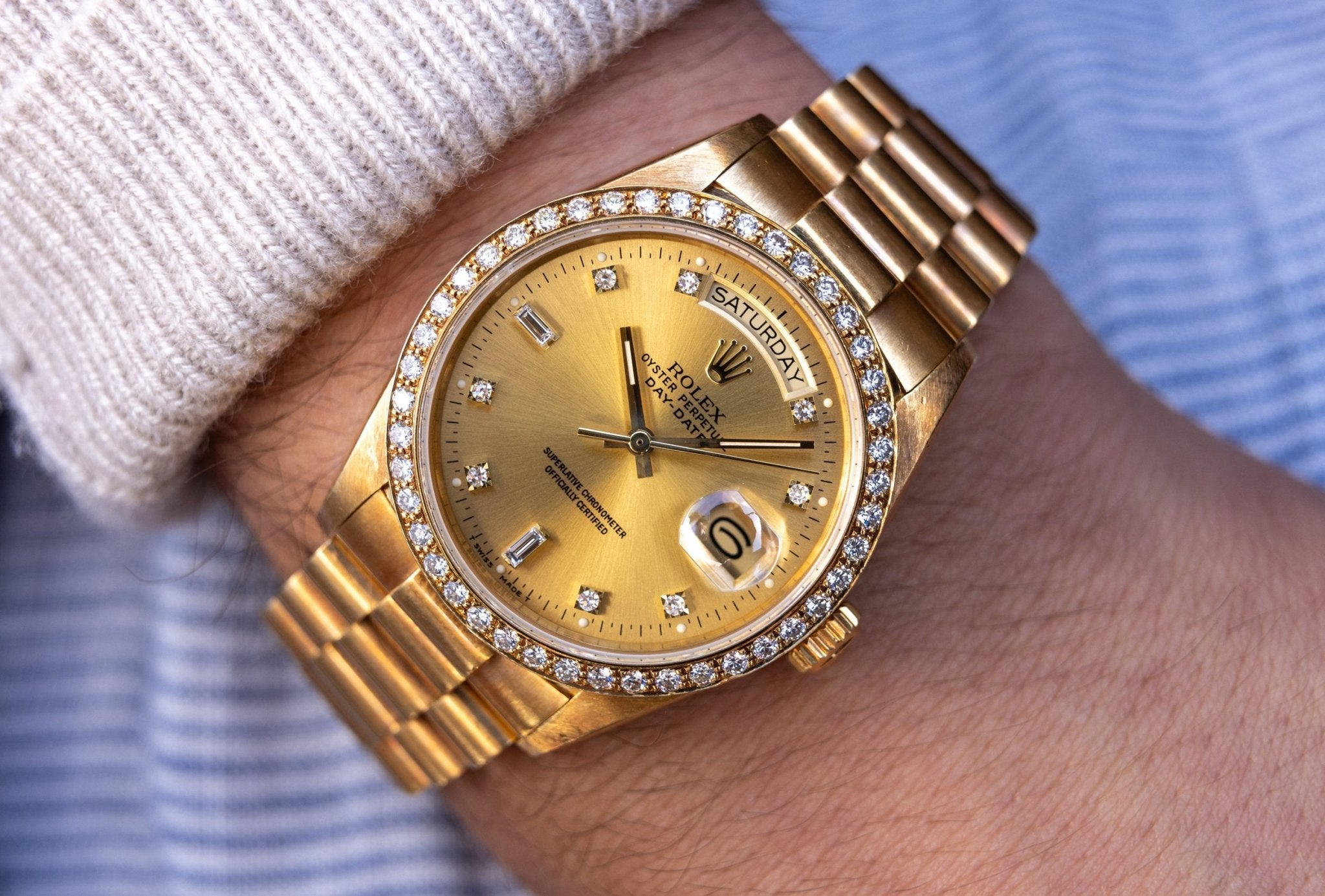 1986 Rolex Day-Date Ref. 18048A | Champagne Dial | Diamond Dial and Bezel - Sierra Time Co