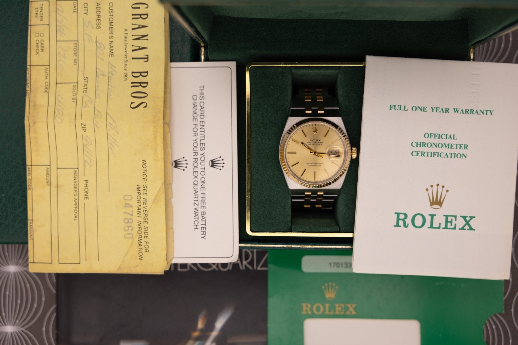 1986 Rolex Oysterquartz Ref. 17013 | Champagne Dial | Excellent Condition | Box and Papers - Sierra Time Co