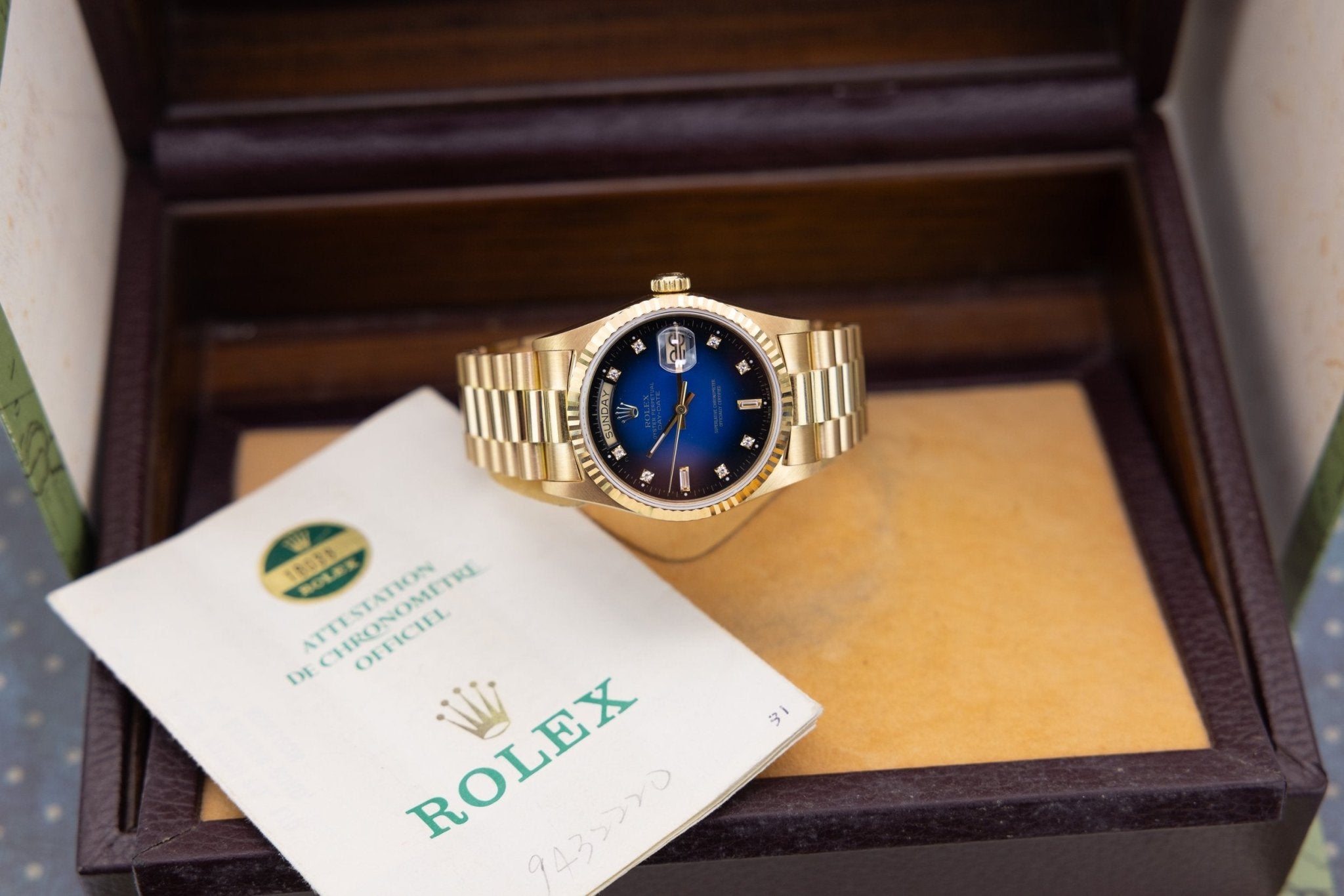 1987 Rolex Day-Date Ref. 18038 | Blue Vignette Dial | Box and Papers - Sierra Time Co