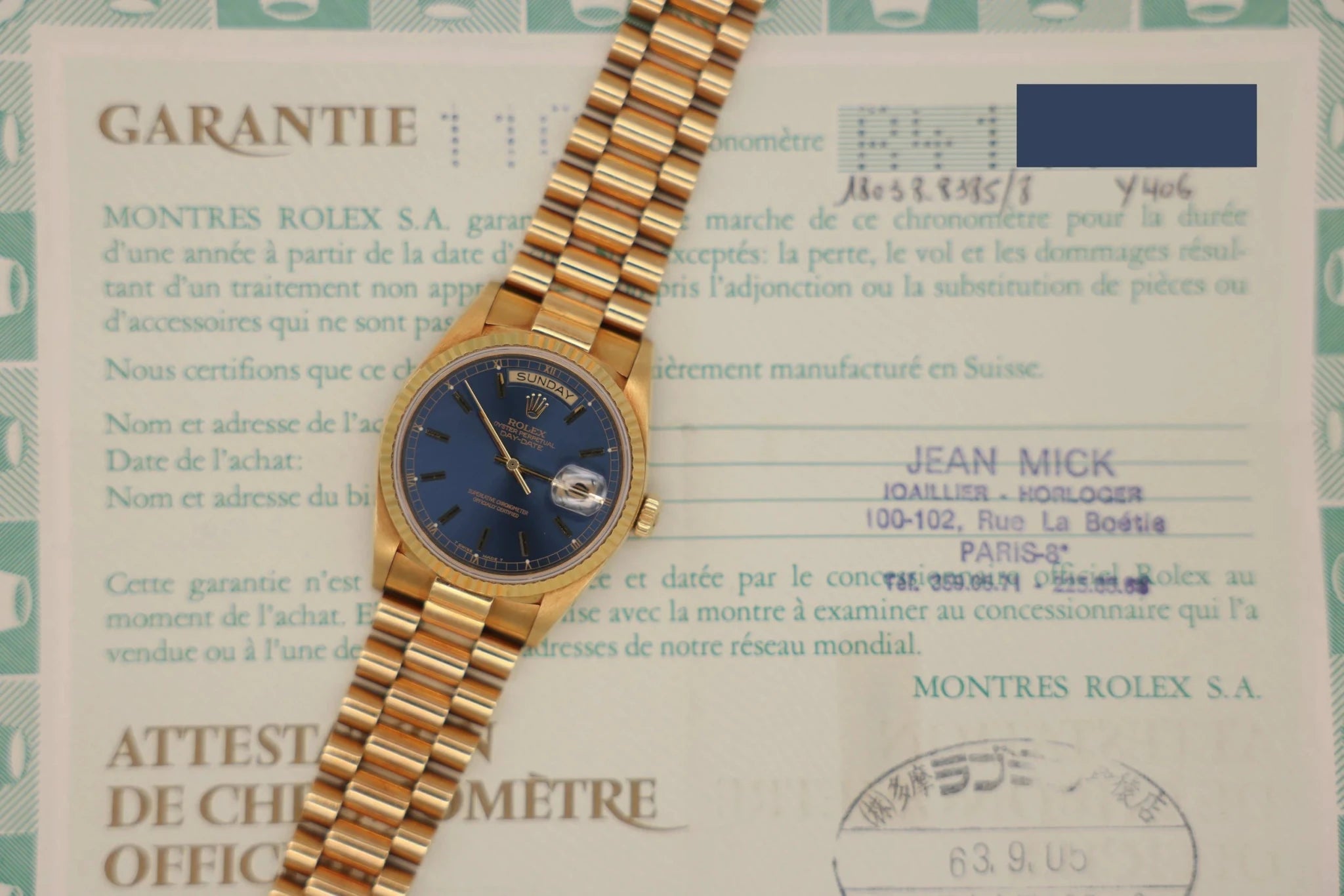 1988 Rolex Day-Date Ref. 18038 | Blue Dial | Papers - Sierra Time Co