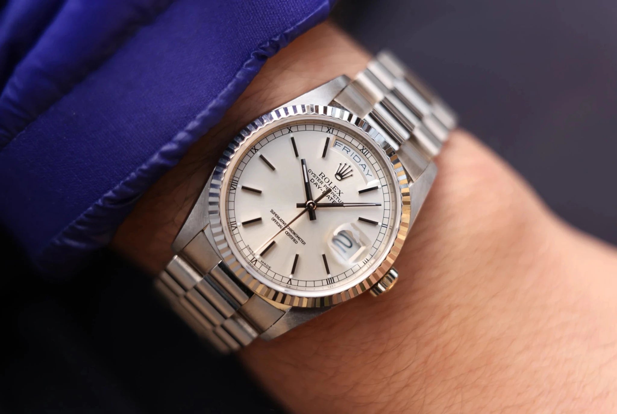 1988 Rolex Day-Date Ref. 18239 | Silver Stick Dial - Sierra Time Co