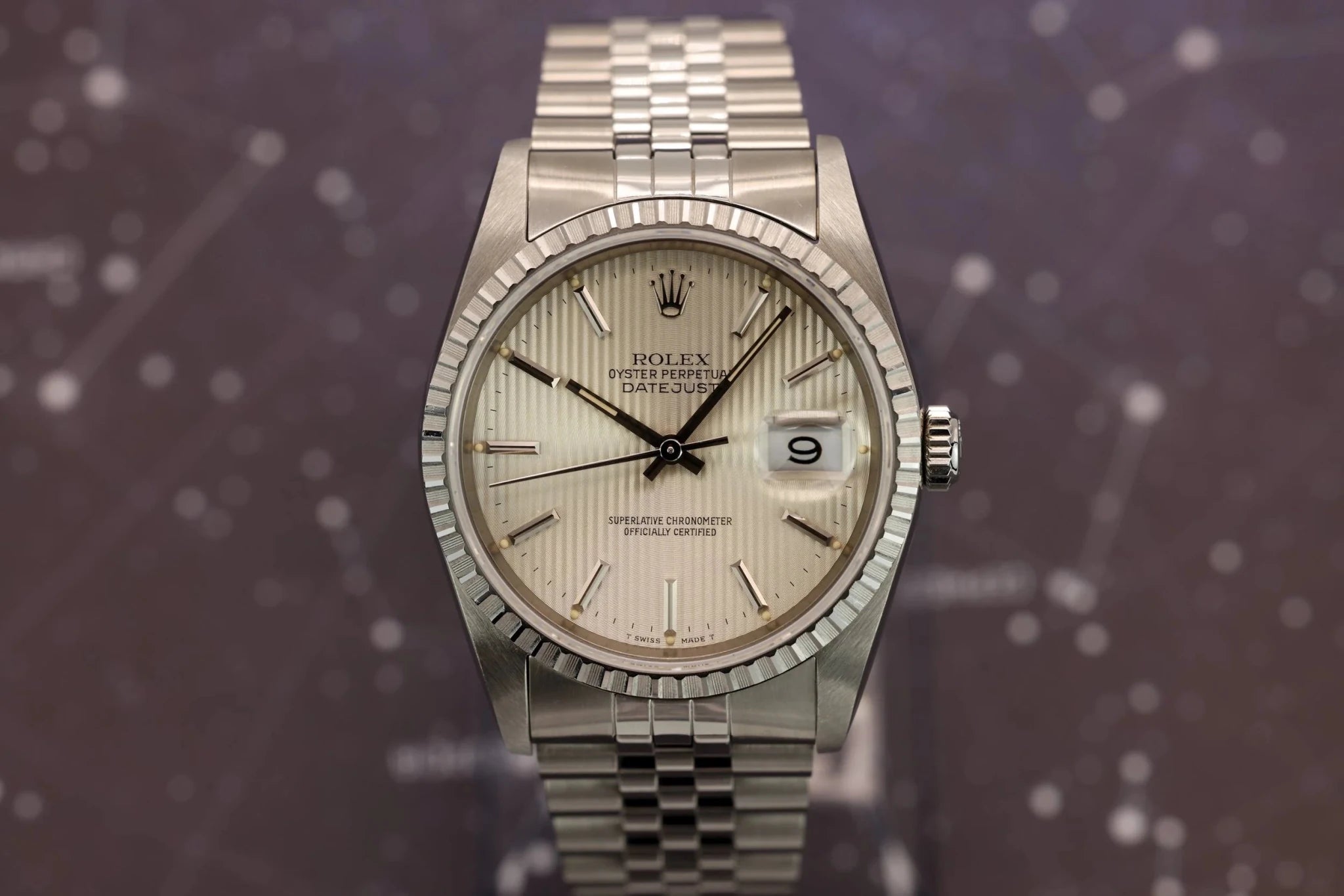 1989 Rolex Datejust Ref. 16220 | Silver Tapestry Dial | Box and Papers - Sierra Time Co