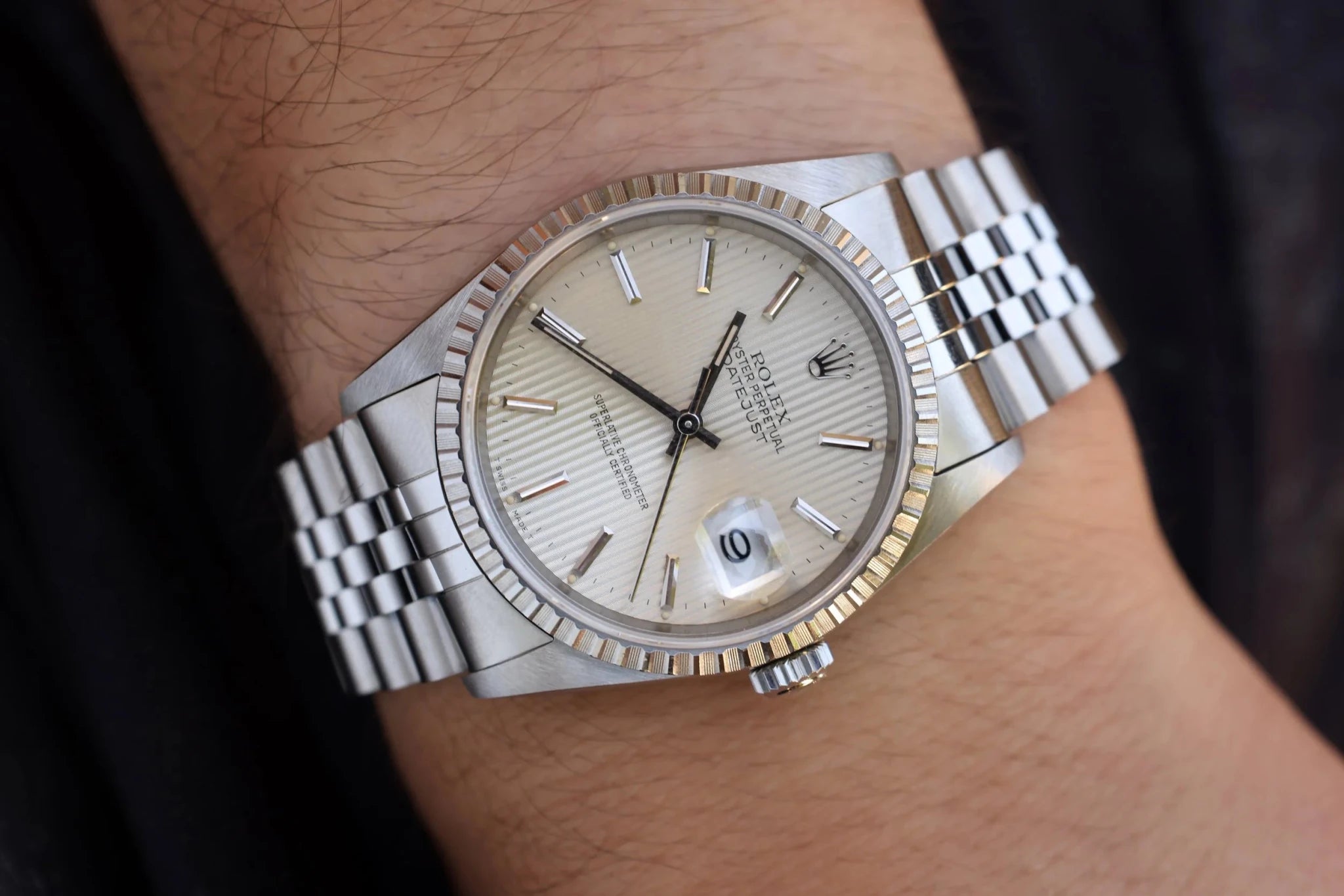 1989 Rolex Datejust Ref. 16220 | Silver Tapestry Dial | Box and Papers - Sierra Time Co
