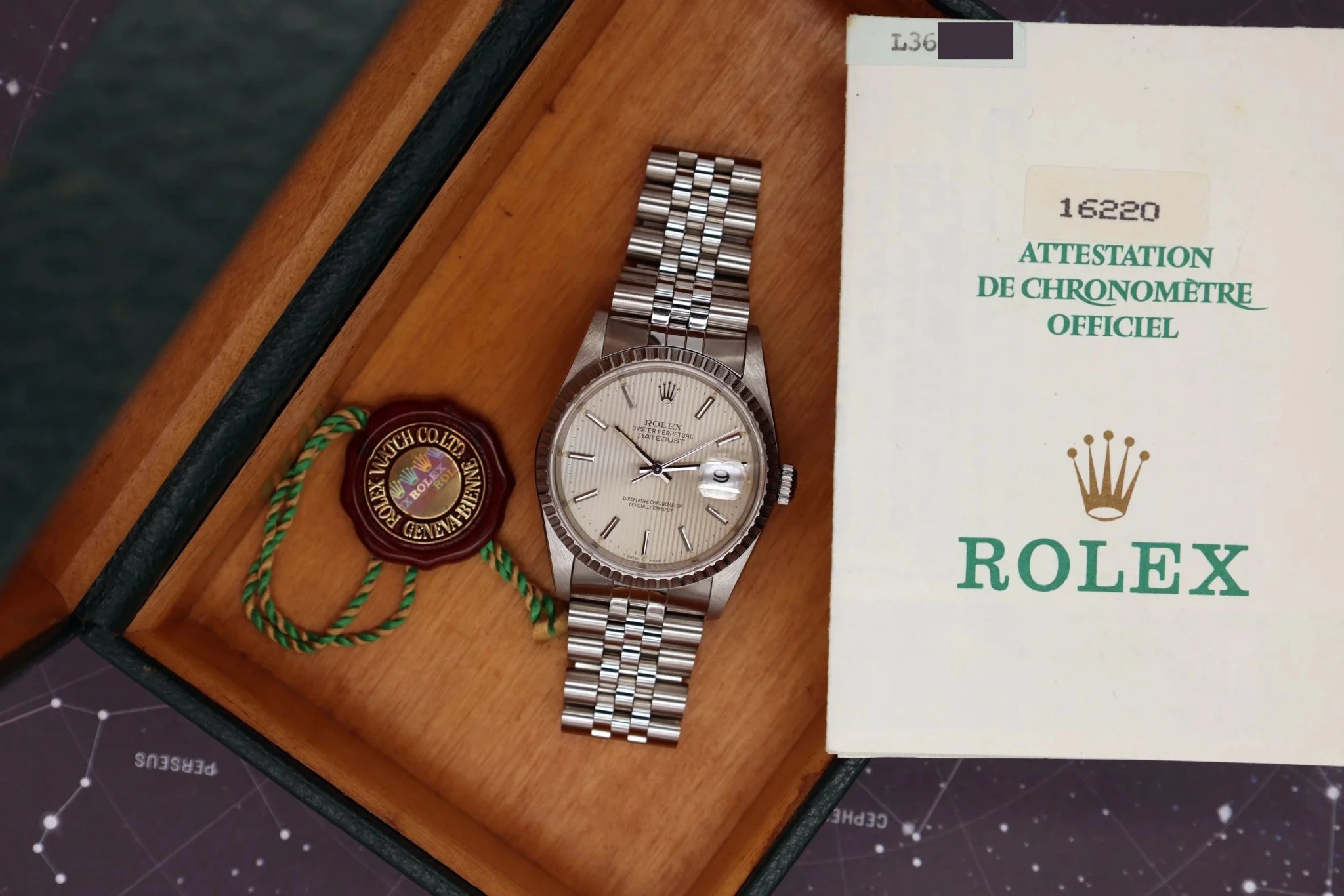 1989 Rolex Datejust Ref. 16220 | Silver Tapestry Dial | Box and Papers - Sierra Time Co