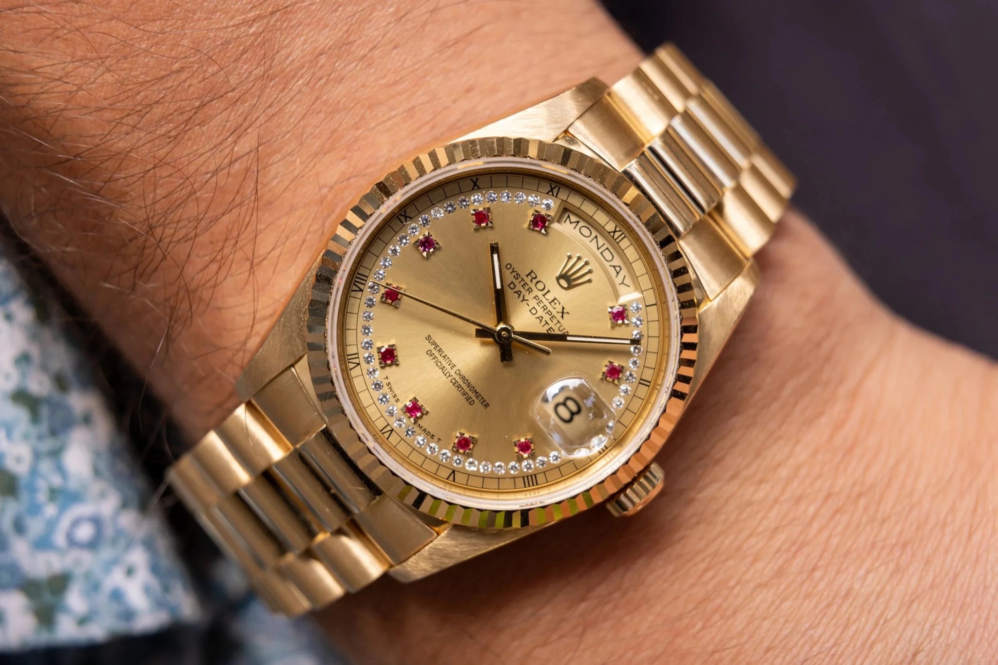 1989 Rolex Day-Date Ref. 18238 | Champagne Ruby and Diamond String Dial | Box and Papers - Sierra Time Co