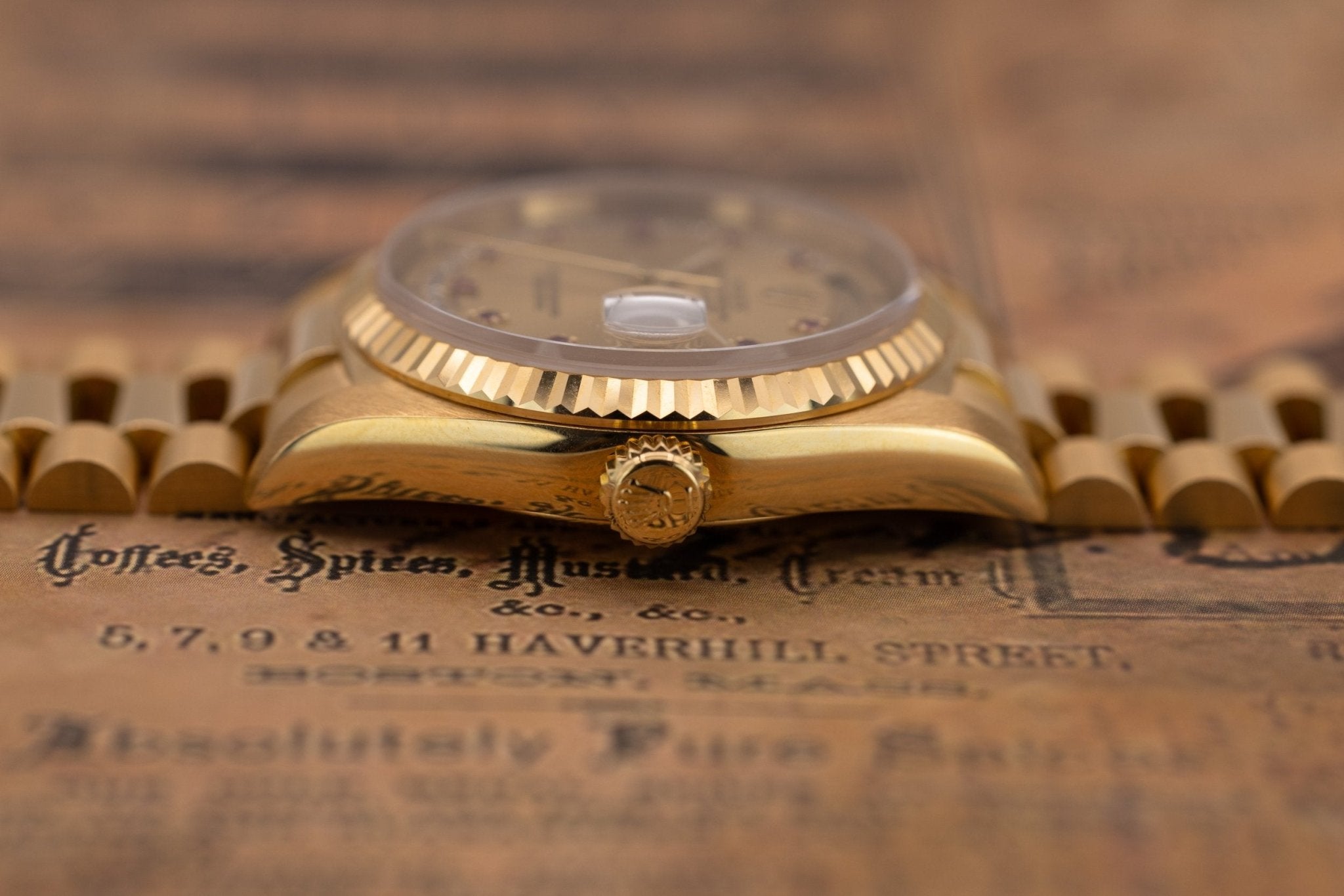 1989 Rolex Day-Date Ref. 18238 | Champagne Ruby and Diamond String Dial | Box and Papers - Sierra Time Co