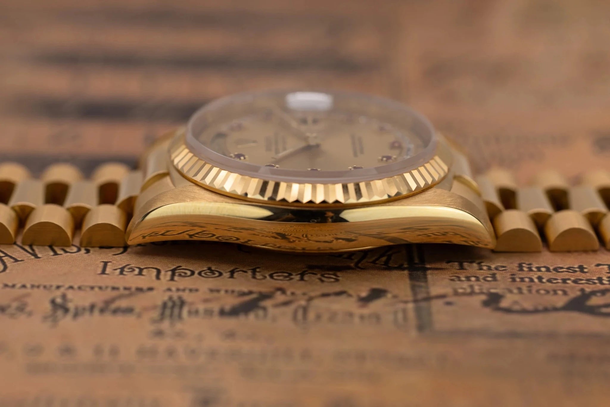 1989 Rolex Day-Date Ref. 18238 | Champagne Ruby and Diamond String Dial | Box and Papers - Sierra Time Co