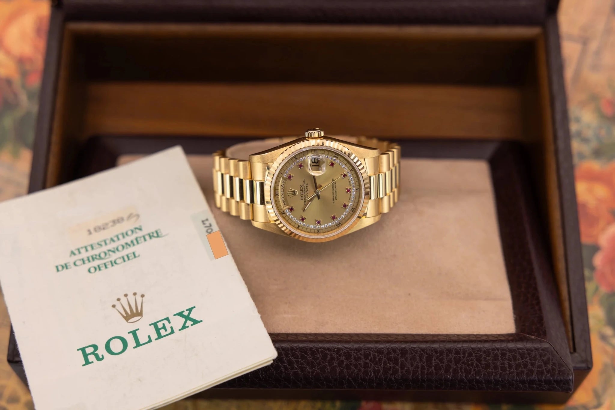 1989 Rolex Day-Date Ref. 18238 | Champagne Ruby and Diamond String Dial | Box and Papers - Sierra Time Co