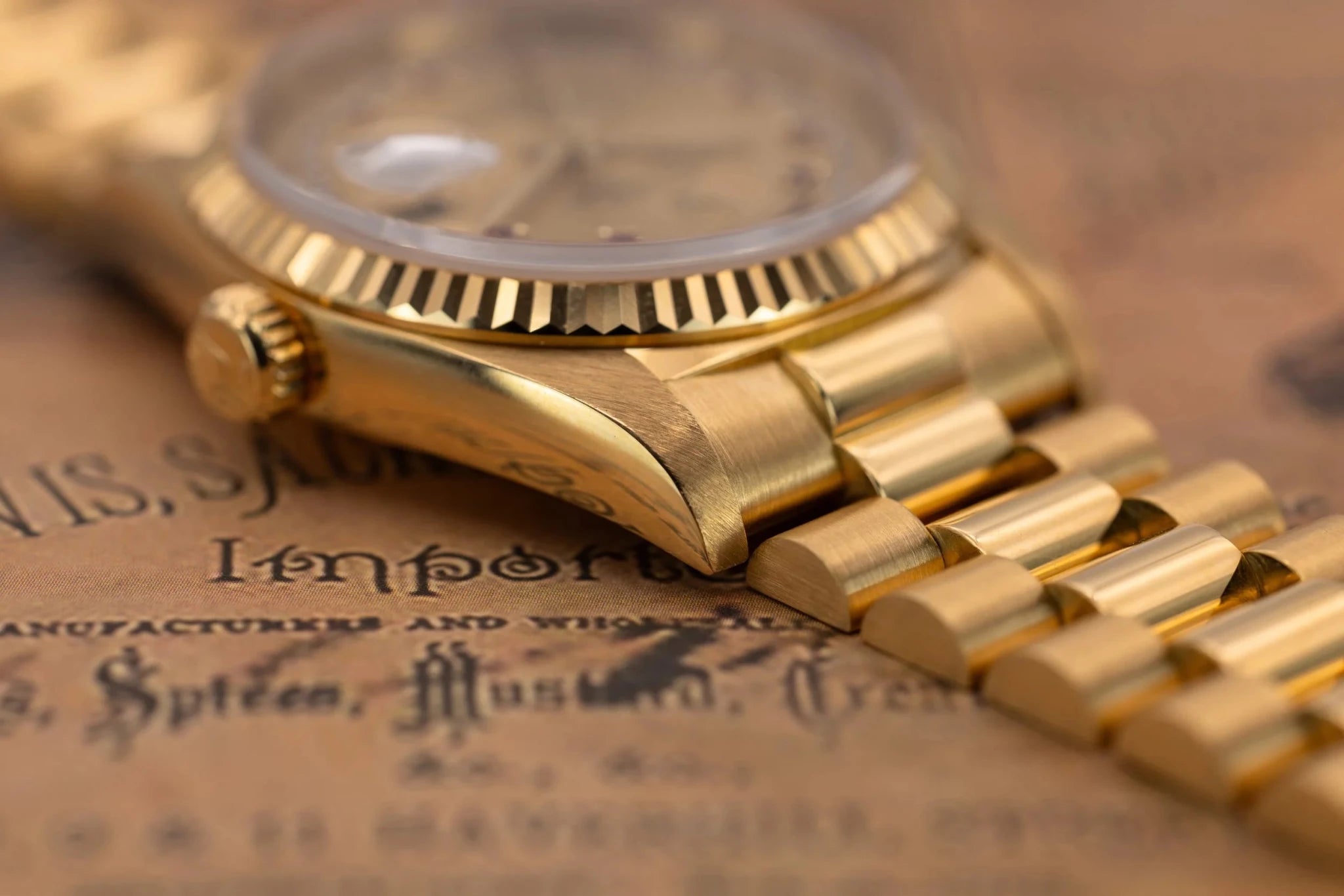 1989 Rolex Day-Date Ref. 18238 | Champagne Ruby and Diamond String Dial | Box and Papers - Sierra Time Co