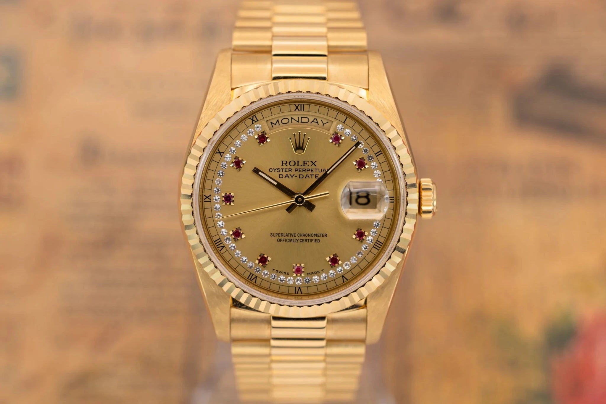 1989 Rolex Day-Date Ref. 18238 | Champagne Ruby and Diamond String Dial | Box and Papers - Sierra Time Co