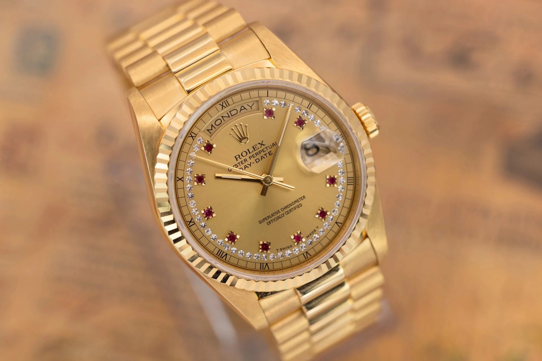 1989 Rolex Day-Date Ref. 18238 | Champagne Ruby and Diamond String Dial | Box and Papers - Sierra Time Co