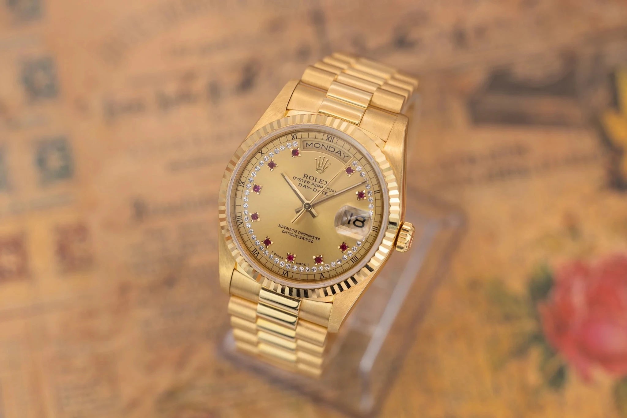 1989 Rolex Day-Date Ref. 18238 | Champagne Ruby and Diamond String Dial | Box and Papers - Sierra Time Co