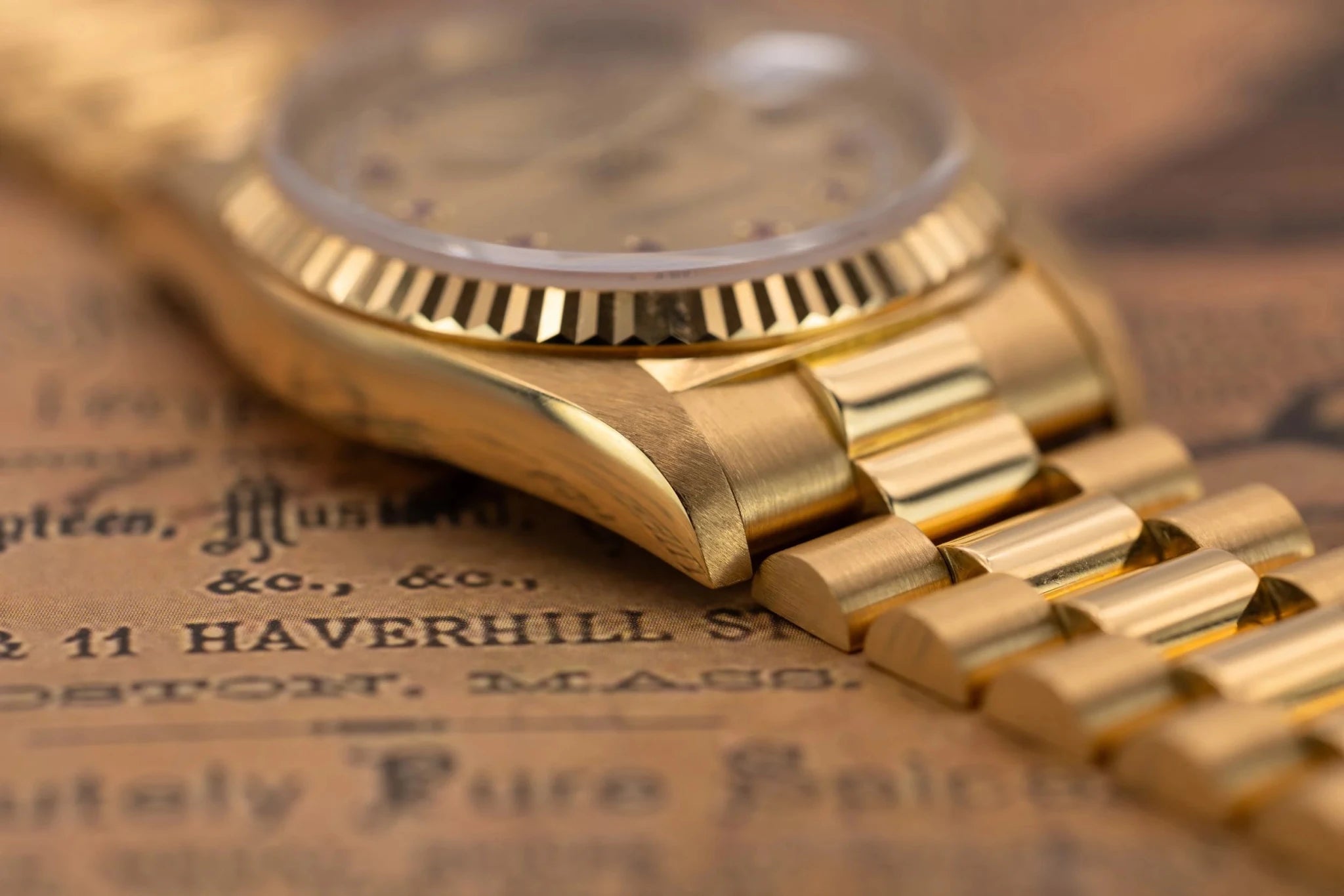 1989 Rolex Day-Date Ref. 18238 | Champagne Ruby and Diamond String Dial | Box and Papers - Sierra Time Co