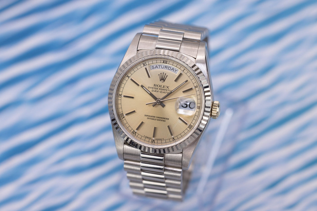 1989 Rolex Day-Date Ref. 18239 | Silver Dial | 18K White Gold | Box and Papers - Sierra Time Co