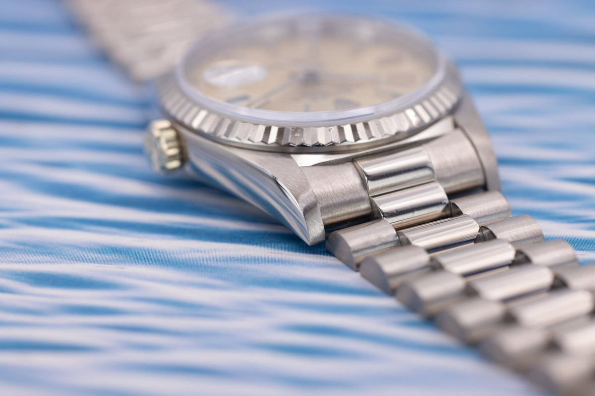 1989 Rolex Day-Date Ref. 18239 | Silver Dial | 18K White Gold | Box and Papers - Sierra Time Co