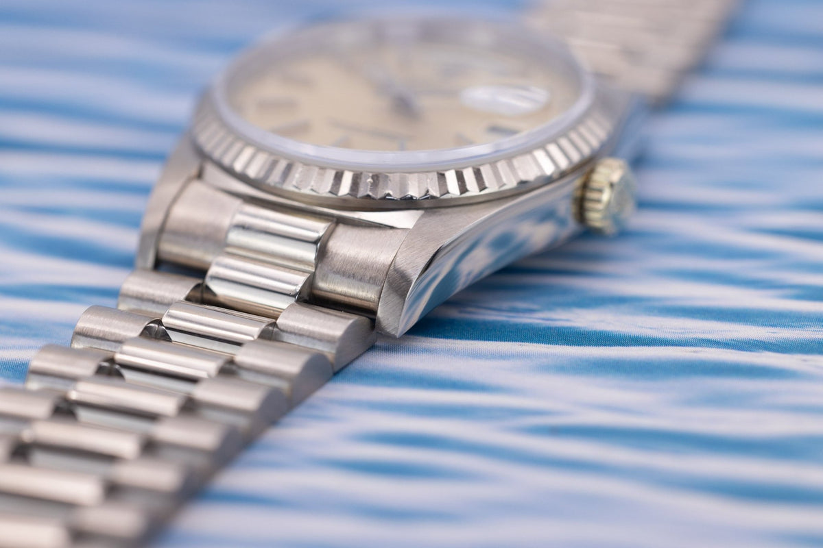 1989 Rolex Day-Date Ref. 18239 | Silver Dial | 18K White Gold | Box and Papers - Sierra Time Co