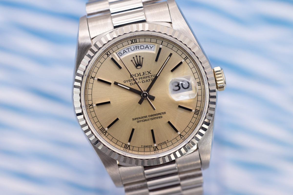 1989 Rolex Day-Date Ref. 18239 | Silver Dial | 18K White Gold | Box and Papers - Sierra Time Co