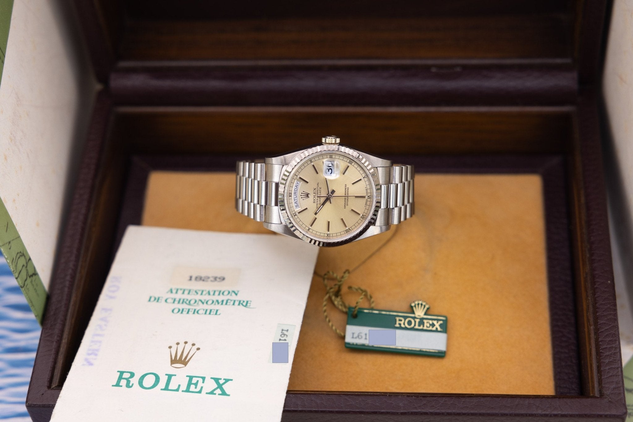1989 Rolex Day-Date Ref. 18239 | Silver Dial | 18K White Gold | Box and Papers - Sierra Time Co