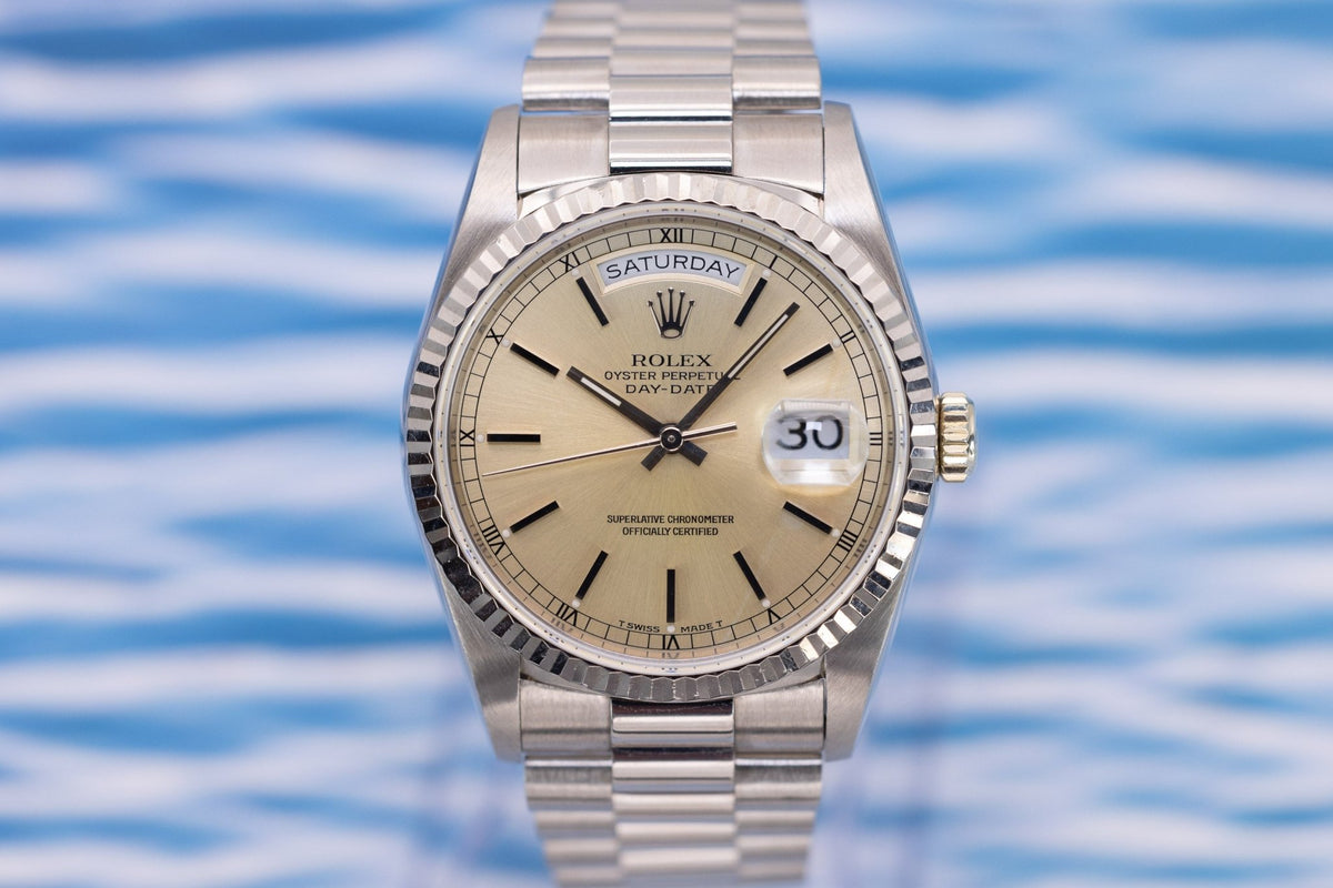 1989 Rolex Day-Date Ref. 18239 | Silver Dial | 18K White Gold | Box and Papers - Sierra Time Co