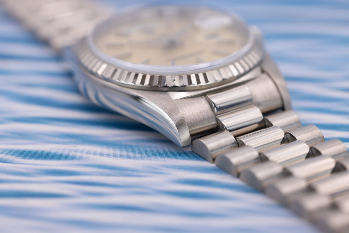 1989 Rolex Day-Date Ref. 18239 | Silver Dial | 18K White Gold | Box and Papers - Sierra Time Co