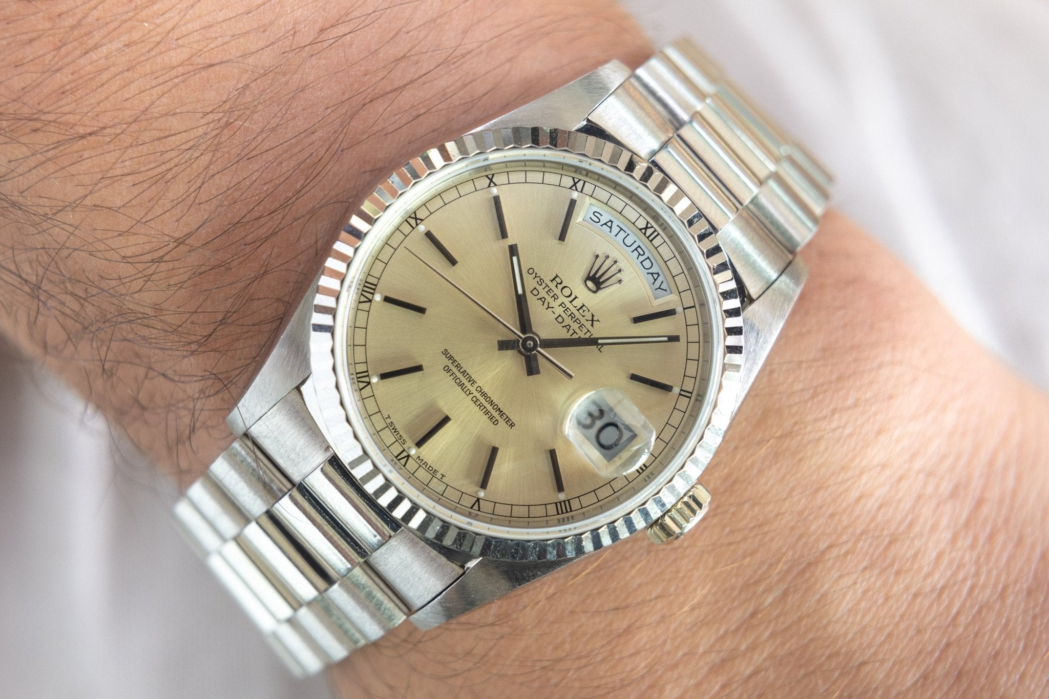 1989 Rolex Day-Date Ref. 18239 | Silver Dial | 18K White Gold | Box and Papers - Sierra Time Co