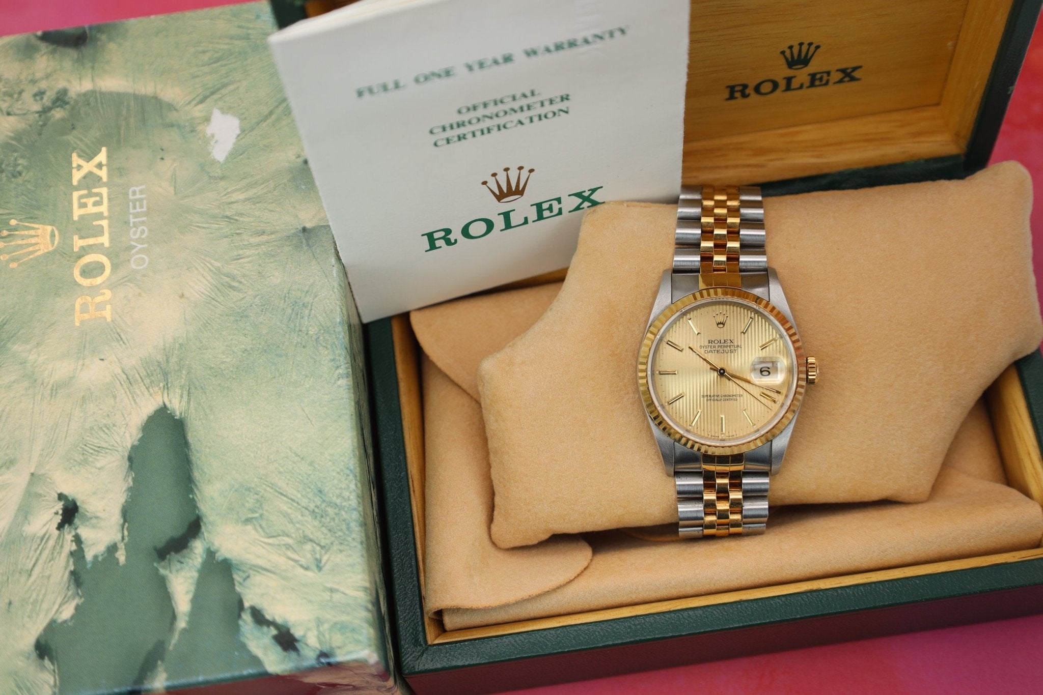 1990 Rolex Datejust Ref. 16233 | Champagne Tapestry | Box and Papers - Sierra Time Co