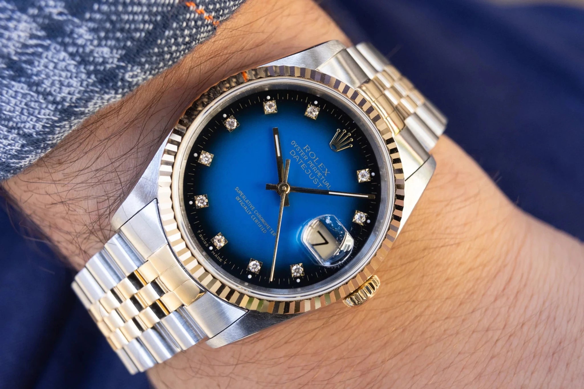 1990 Rolex Datejust Ref. 16233G | Blue Vignette Diamond Dial - Sierra Time Co