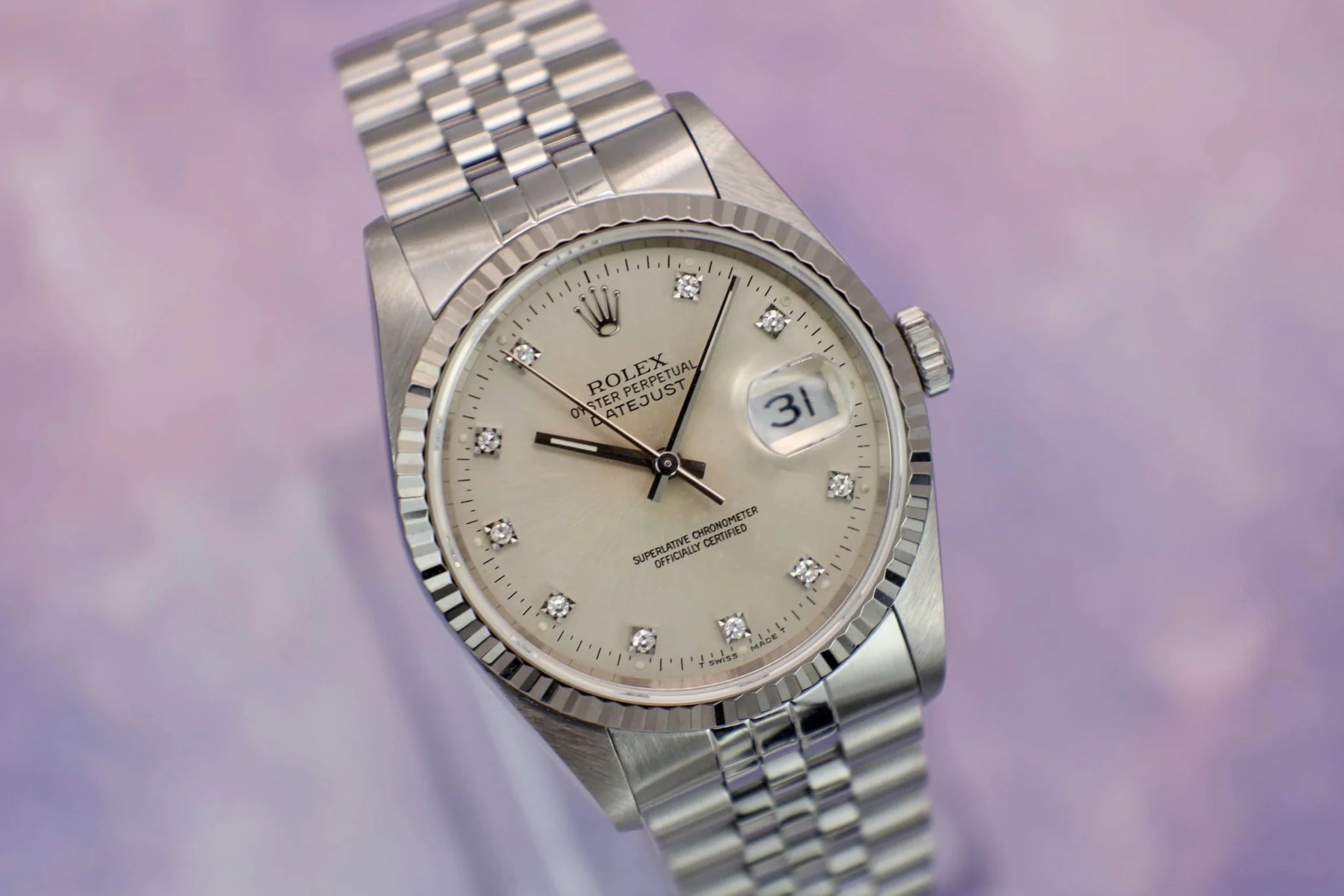 1990 Rolex Datejust Ref. 16234 | Silver Diamond Dial - Sierra Time Co