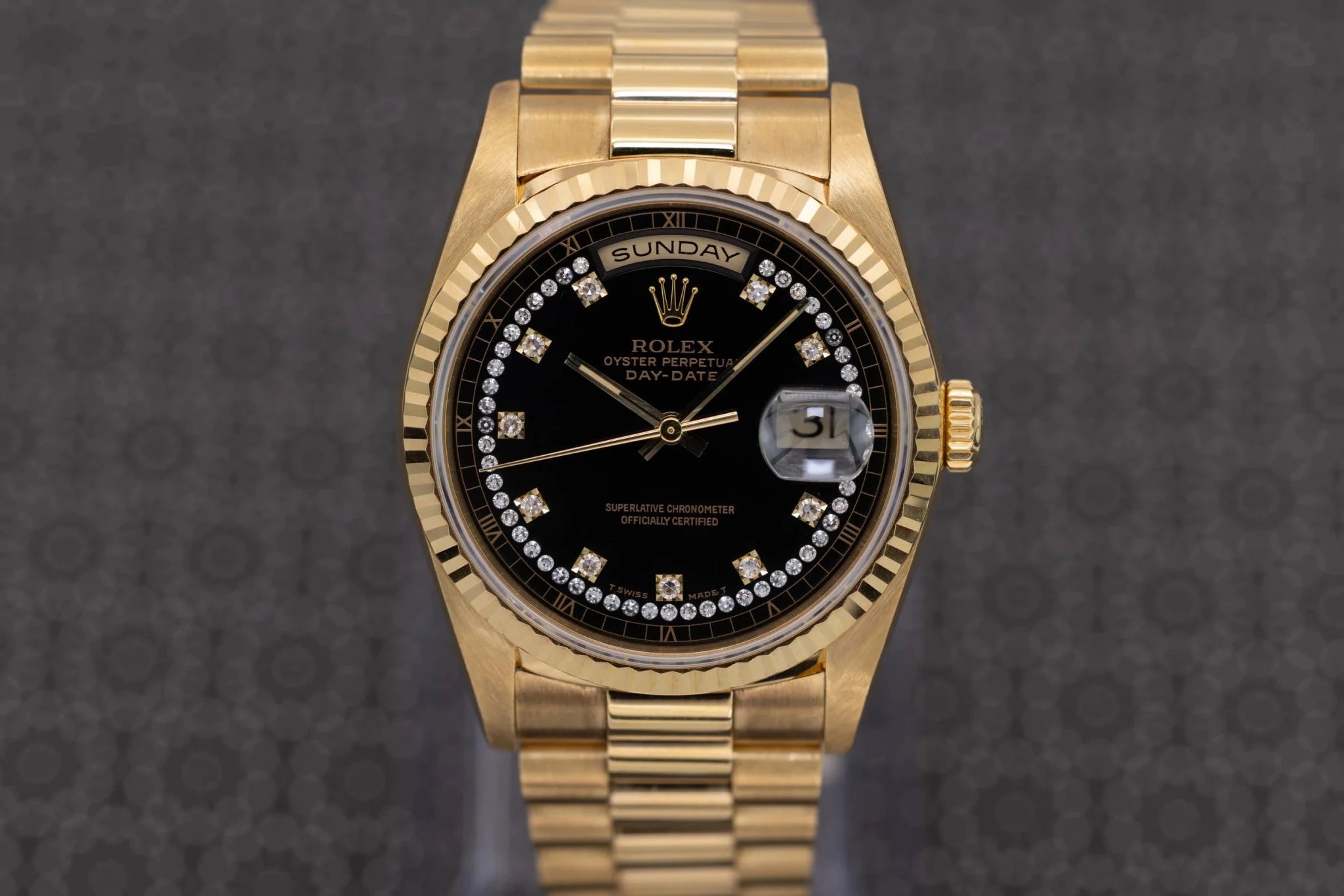1990 Rolex Day-Date Ref. 18238 | 18K YG | Black Diamond String Dial - Sierra Time Co