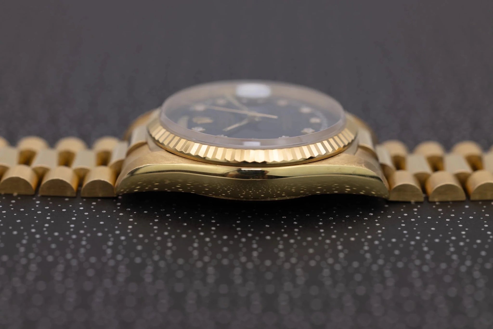 1990 Rolex Day-Date Ref. 18238 | 18K YG | Black Diamond String Dial - Sierra Time Co