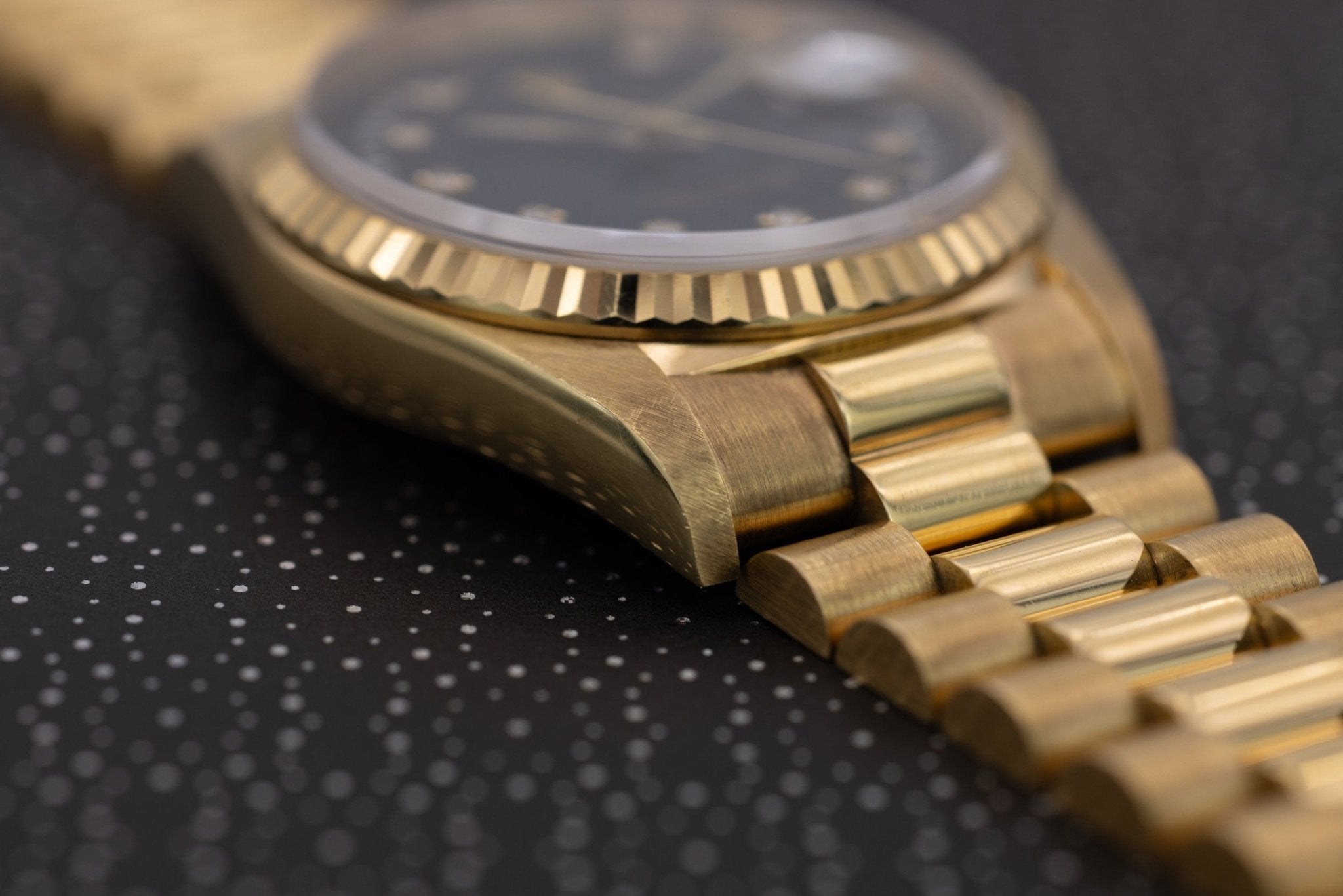 1990 Rolex Day-Date Ref. 18238 | 18K YG | Black Diamond String Dial - Sierra Time Co