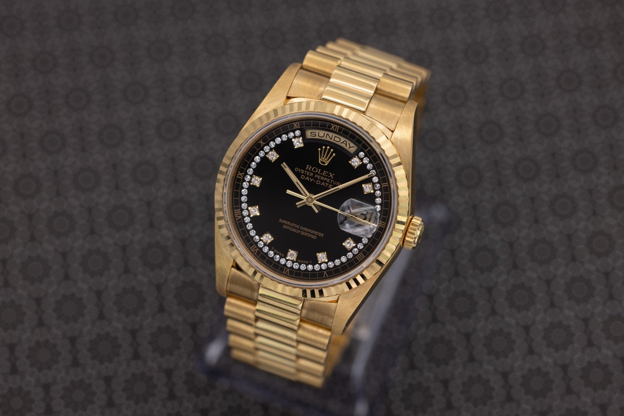 1990 Rolex Day-Date Ref. 18238 | 18K YG | Black Diamond String Dial - Sierra Time Co