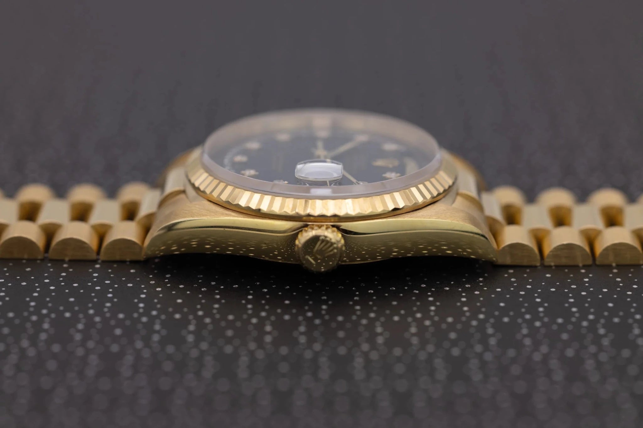 1990 Rolex Day-Date Ref. 18238 | 18K YG | Black Diamond String Dial - Sierra Time Co