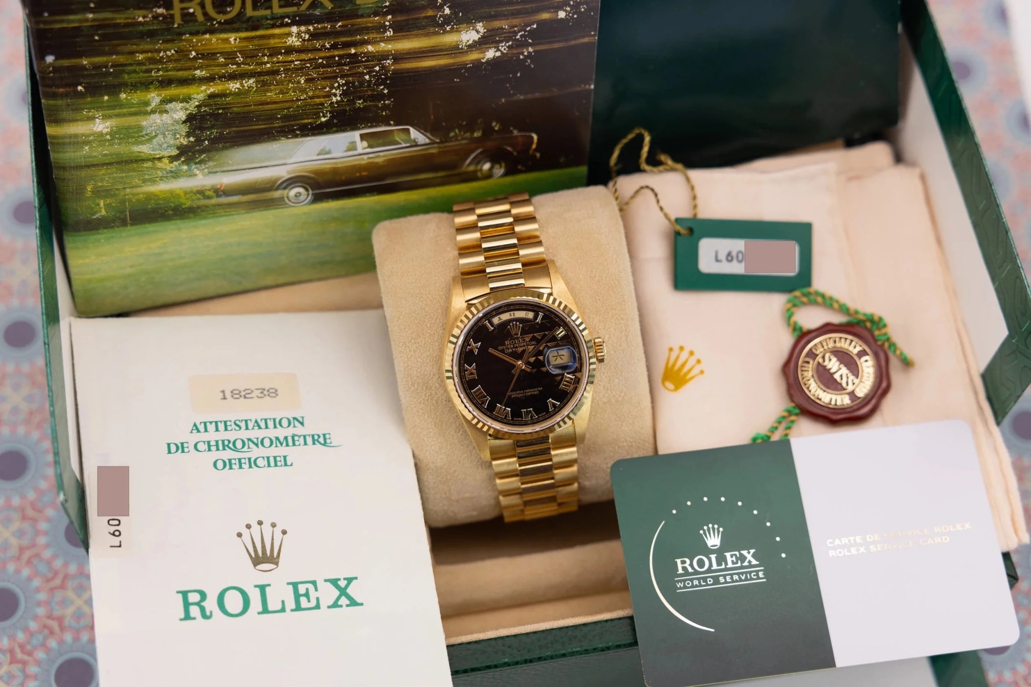 1990 Rolex Day-Date Ref. 18238 | Rare Black Pyramid Dial | Serviced | Full Set - Sierra Time Co